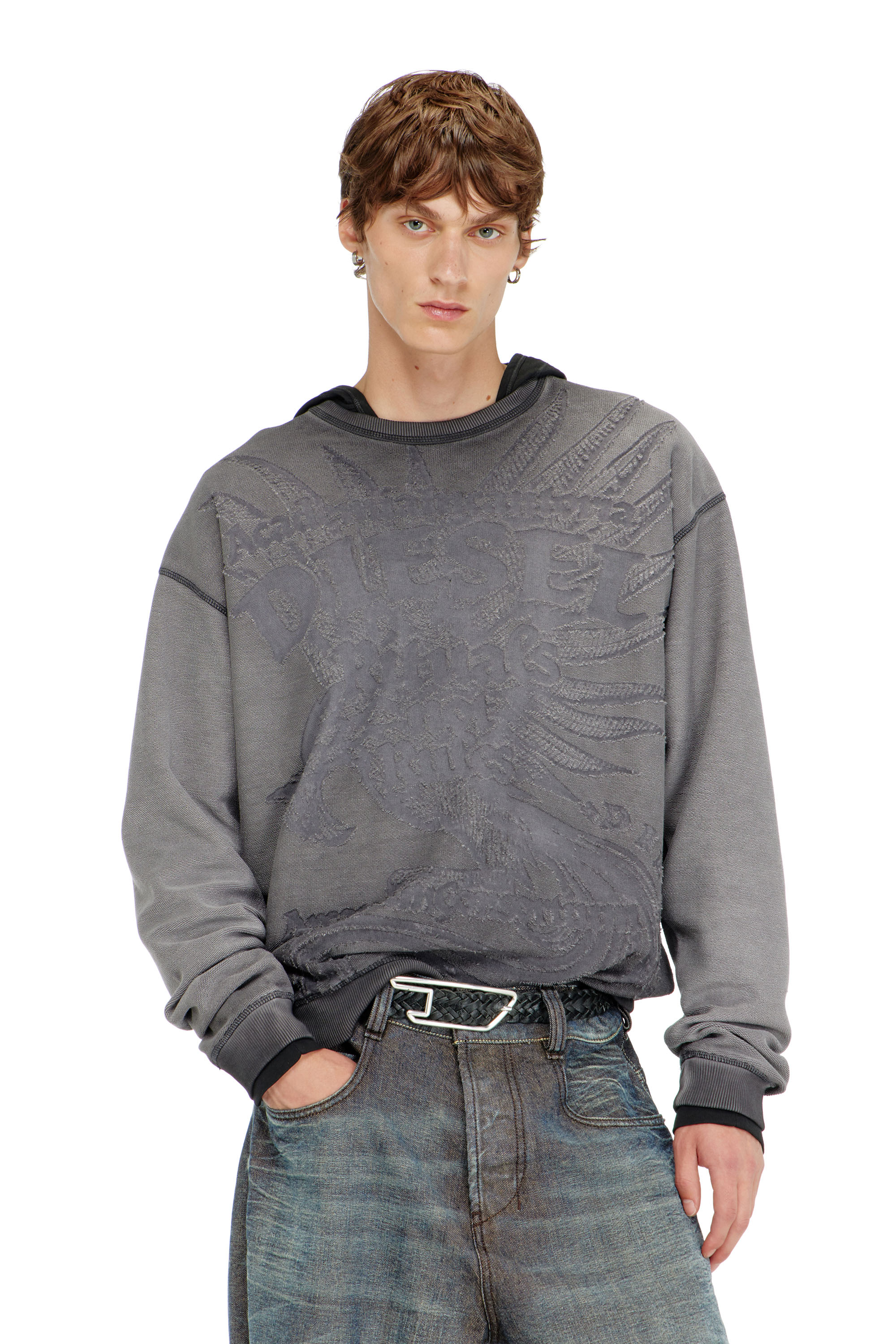 Diesel - S-ARON-RAW, Felpa con stampa d&eacute;vor&eacute; Uomo in Grigio - 3