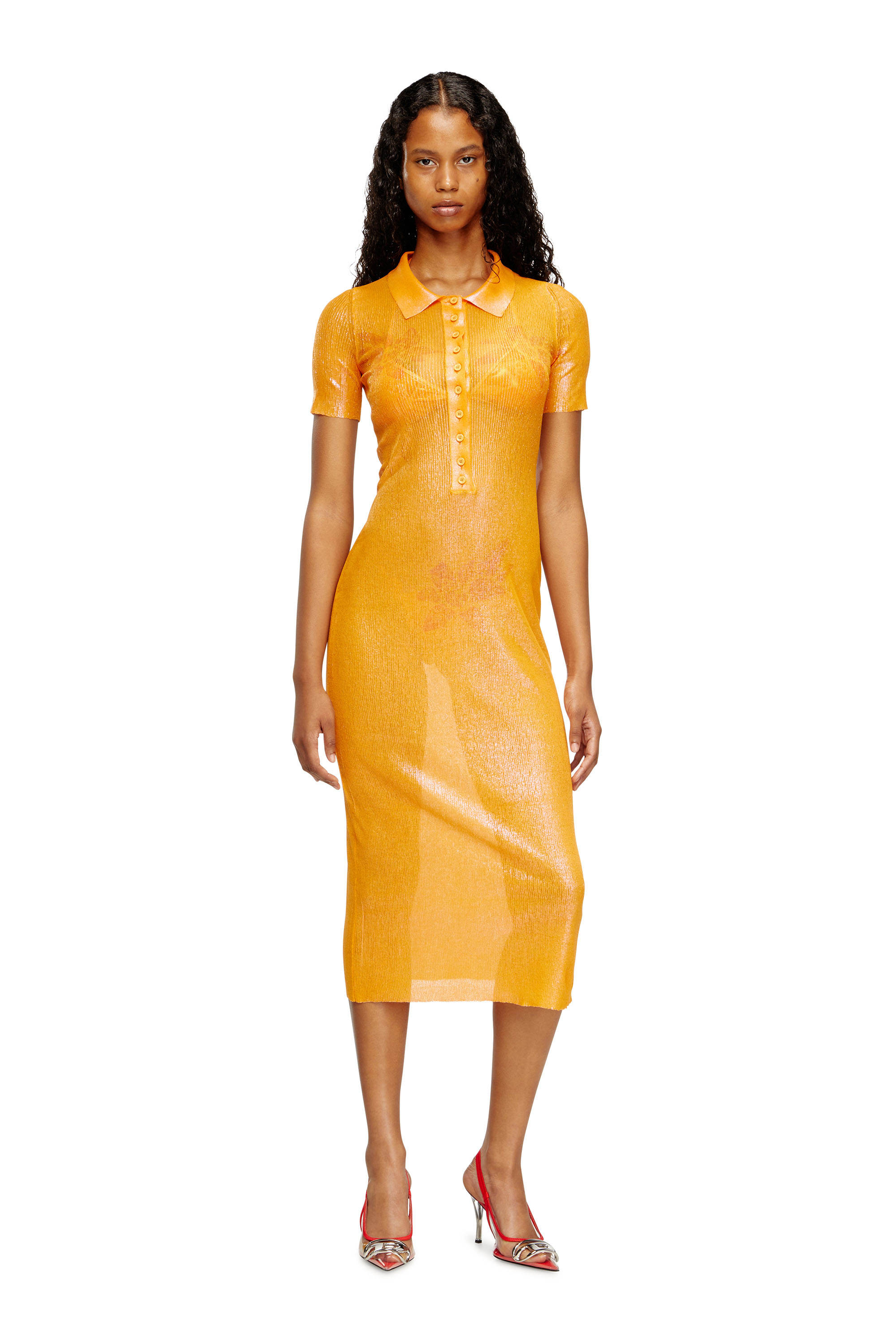 Diesel - M-ORANGE-KG, Robe polo en maille irisée à imprimé lotus Femme in Orange - 2