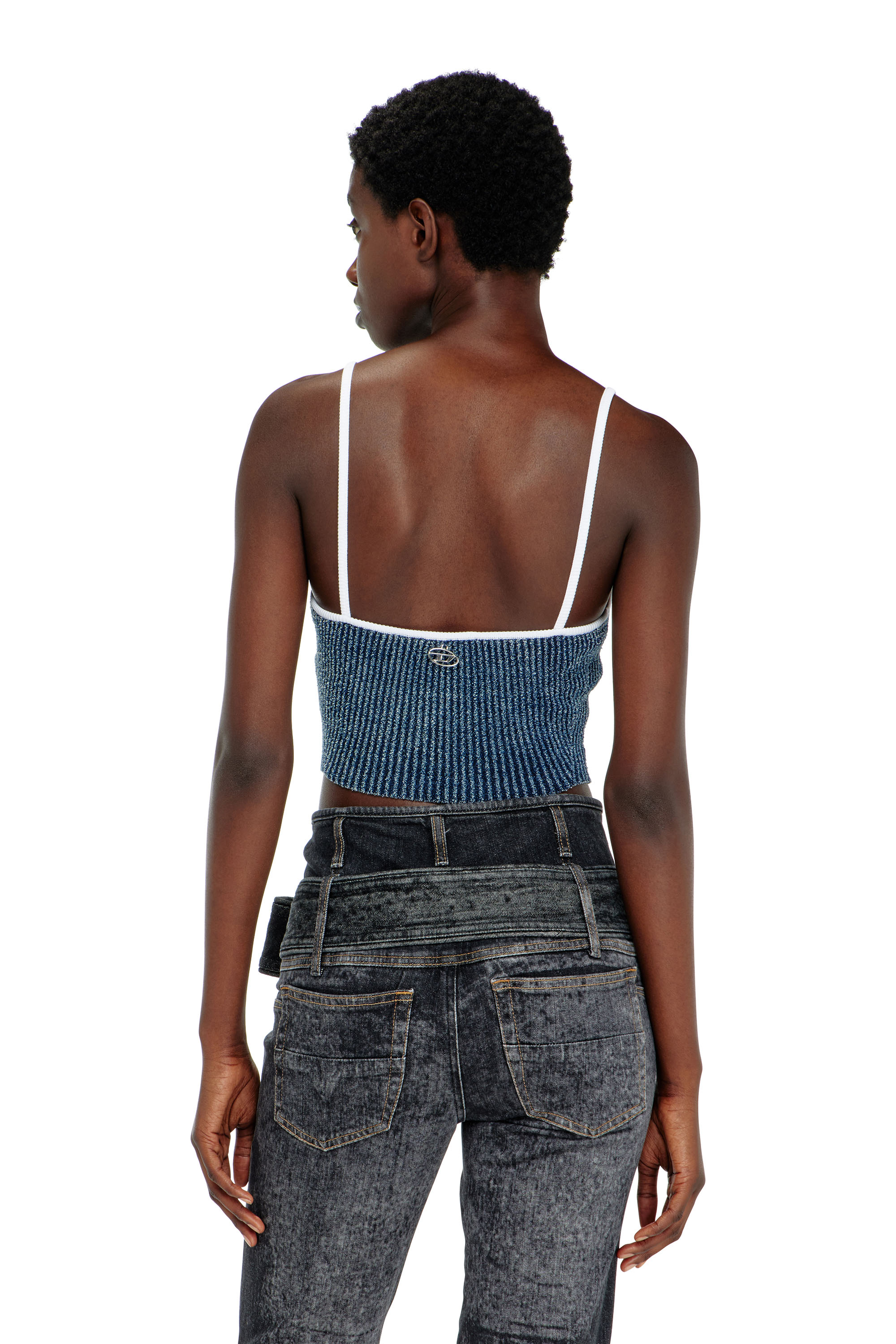 Diesel - M-ESTERE, Crop top en maille c&ocirc;tel&eacute;e indigo boucl&eacute; Femme in Polychrome - 4