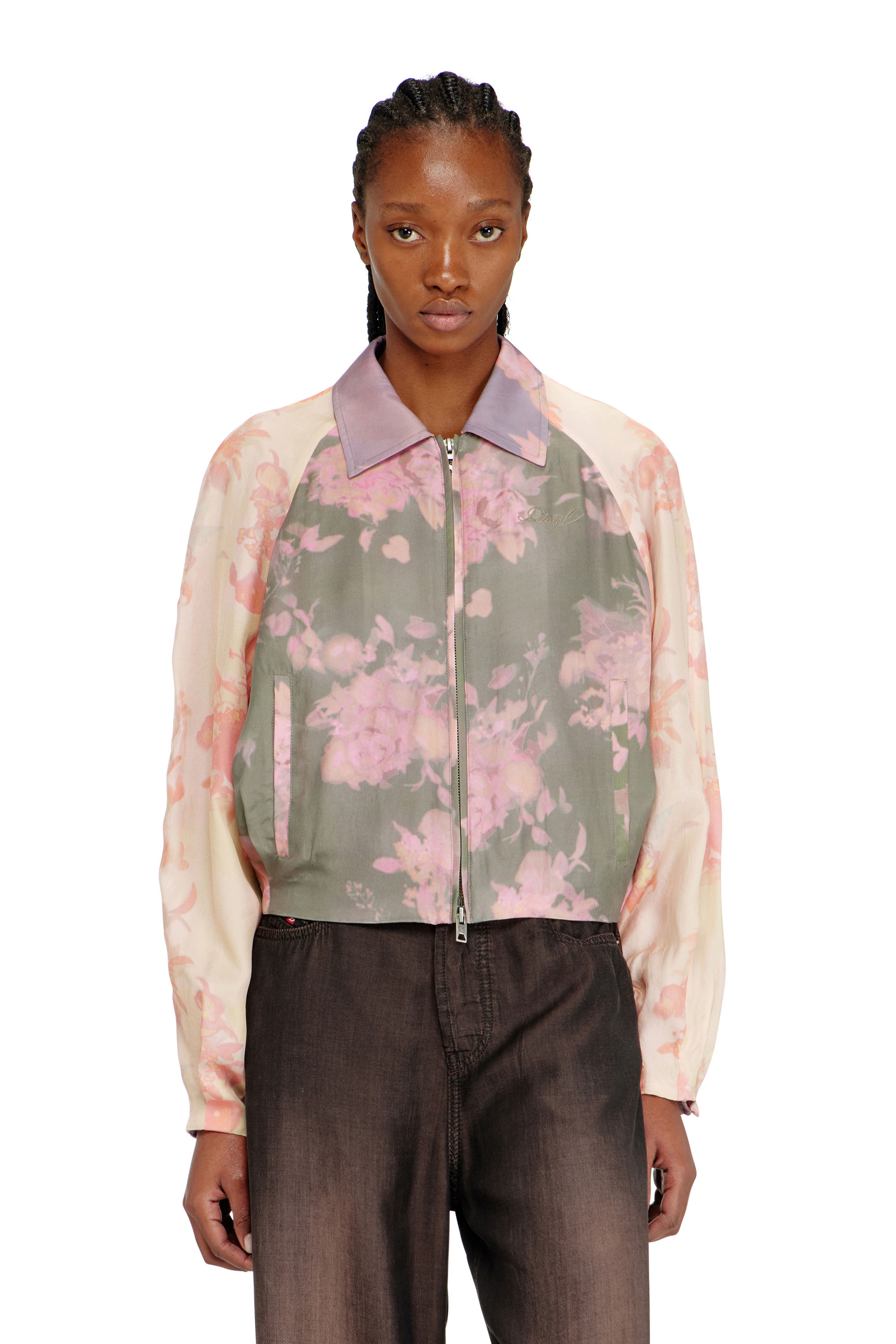 Diesel - G-ALENA, Woman's Floral bomber jacket in crinkled acetate in Green/Pink - 1