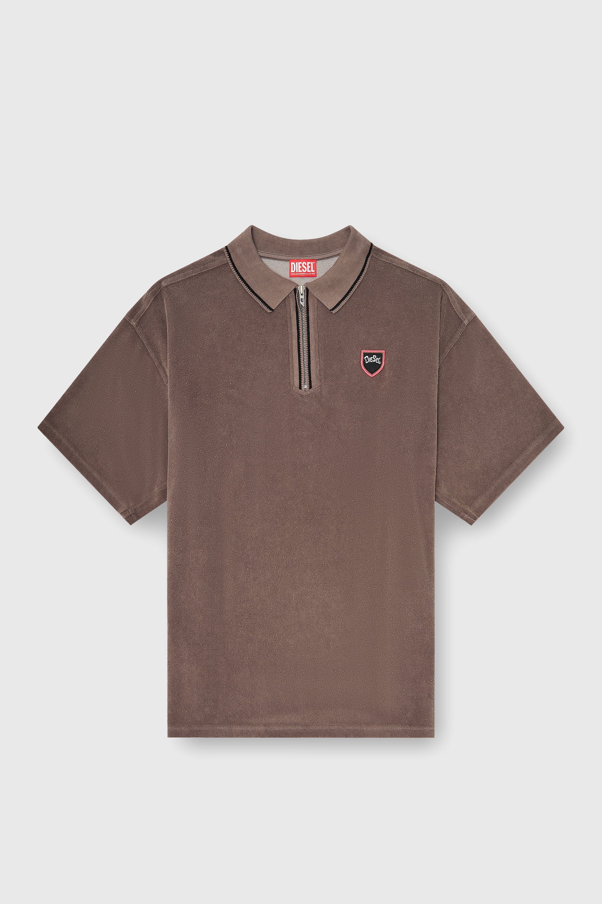 Diesel - T-SPONGY-ZIP, Herren Chenille-Poloshirt mit shield patch in Braun - 2