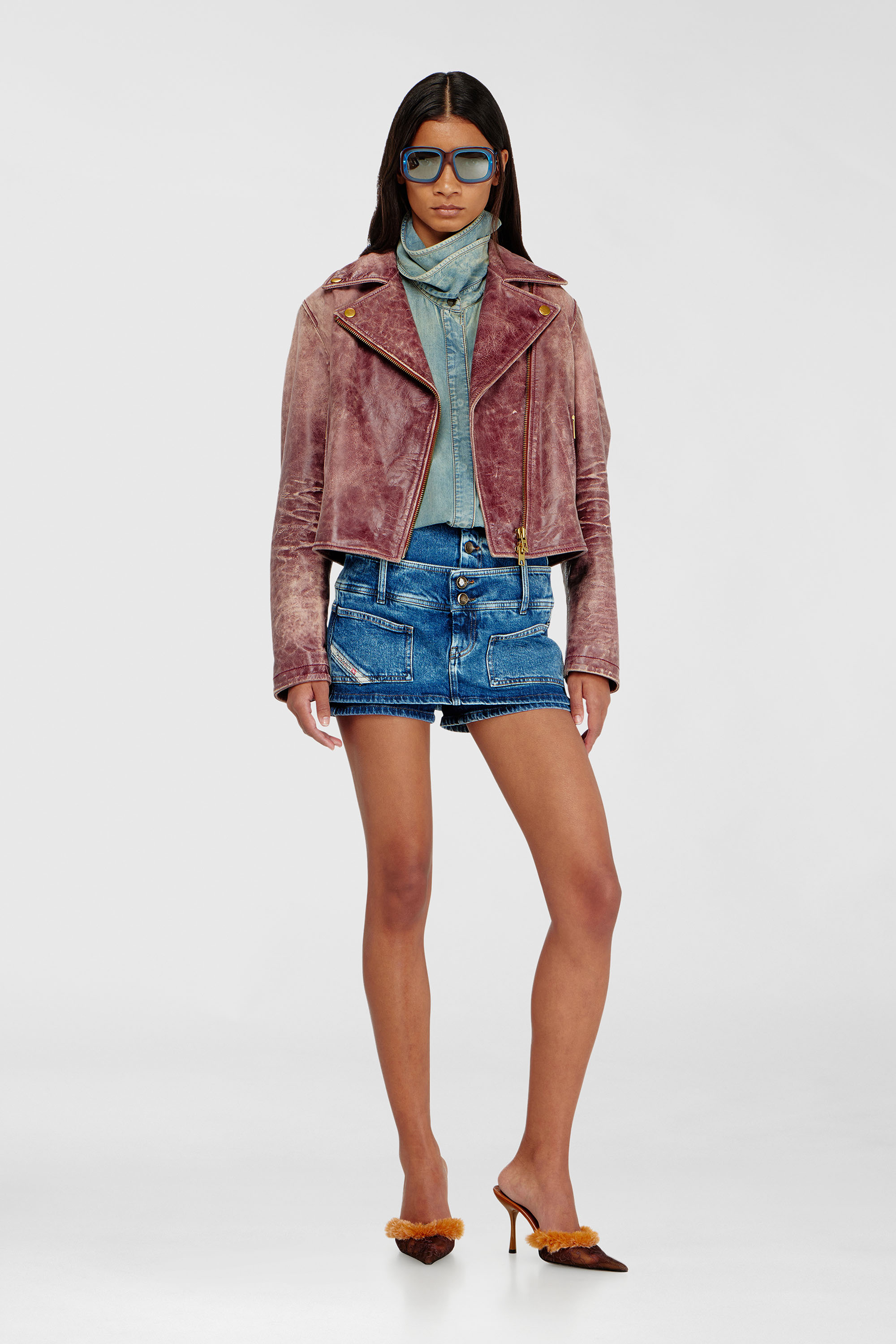 Mini-jupe-short en denim &agrave; double taille