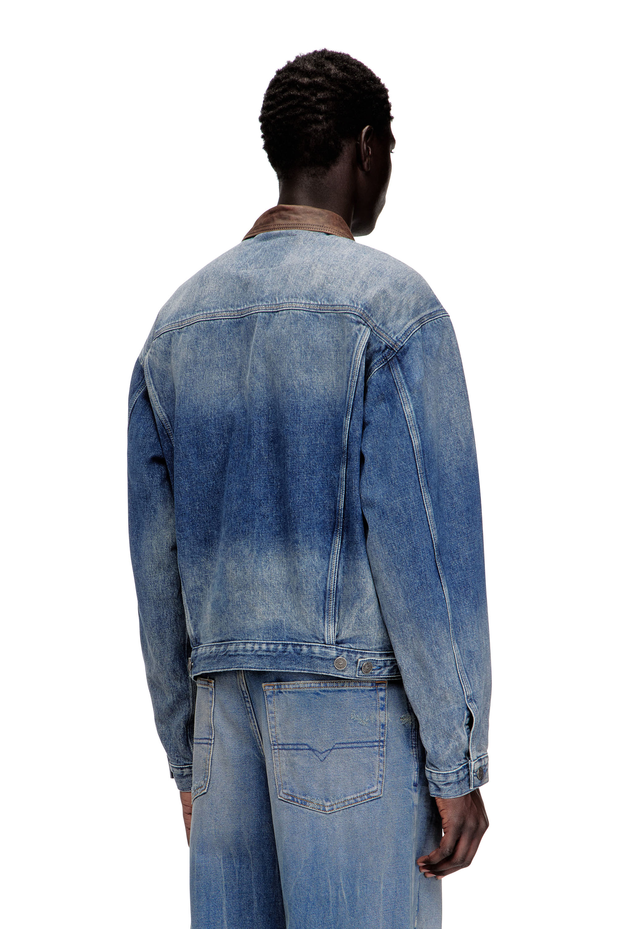 Diesel - D-DENVER-S1, Unisex's Denim trucker jacket with contrast leather trims in null - 4