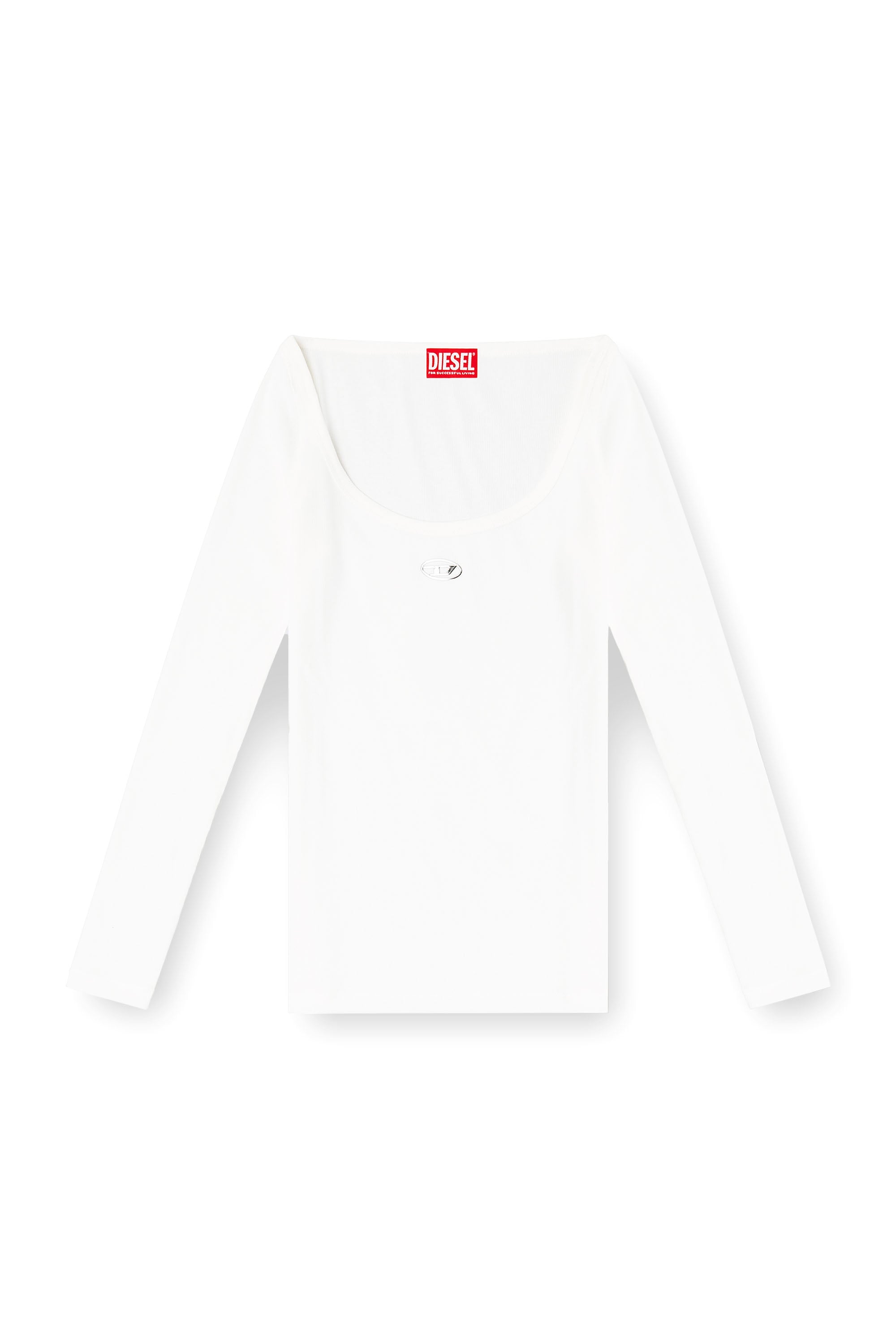 Diesel - T-BAL-OD, Top a maniche lunghe a costine con Oval D metallico Donna in Bianco - 3