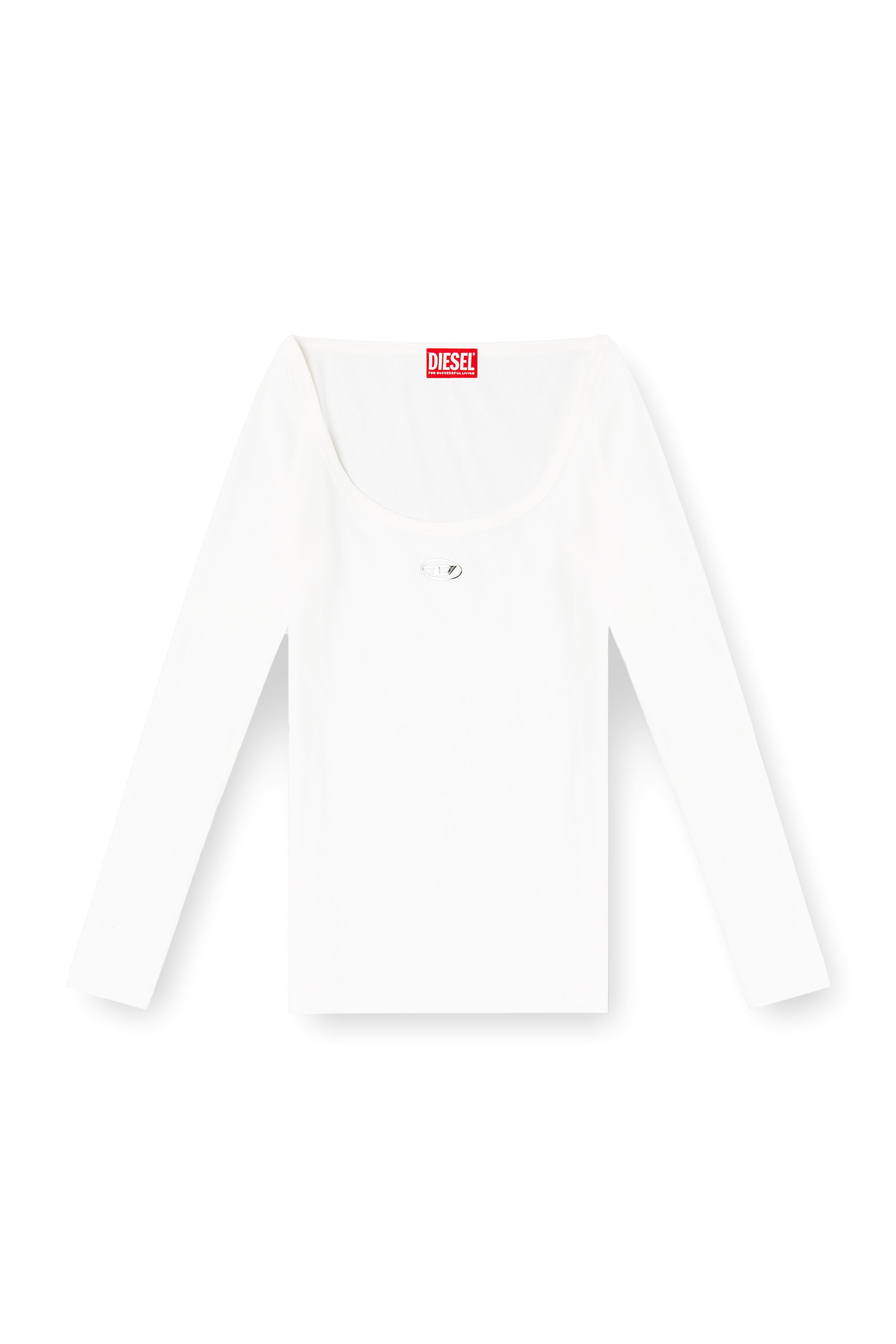 Diesel - T-BAL-OD, Haut &agrave; manches longues c&ocirc;tel&eacute; avec Oval D m&eacute;tallique Femme in Blanc - 2