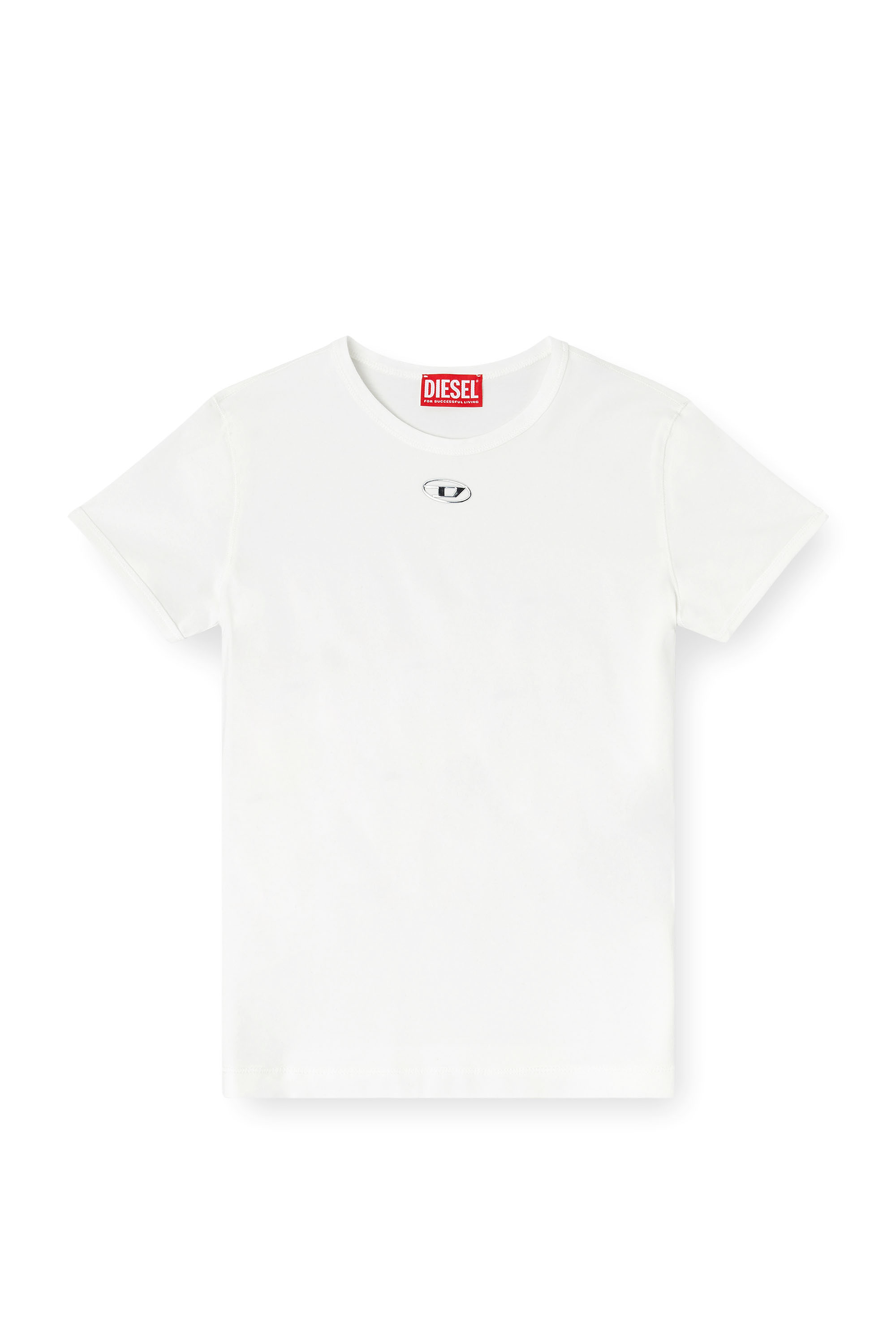 Diesel - T-UNCUTIESLONG-OD, T-shirt ajust&eacute;e avec ovale D m&eacute;tallique Femme in Blanc - 2
