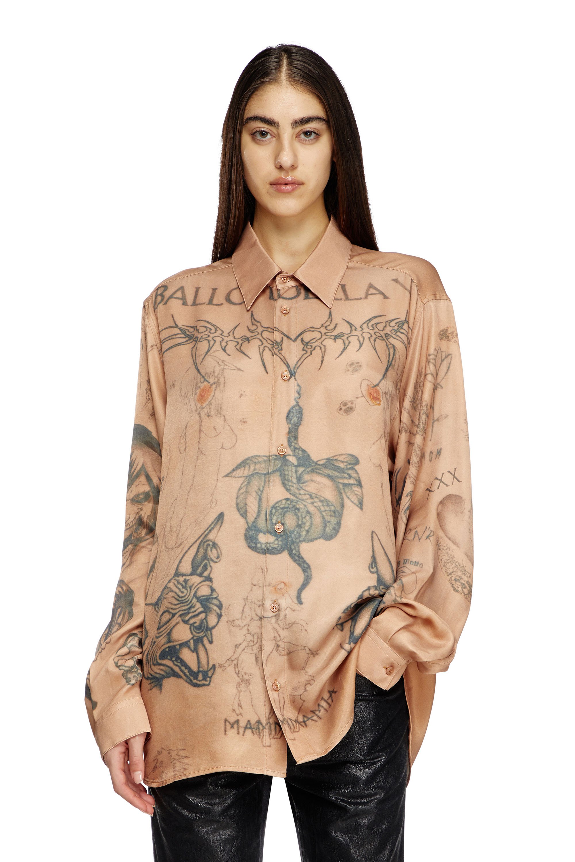 Diesel - S-SIMPLY-TTO-DD, Camicia in raso con stampa tattoo Unisex in Beige - 6