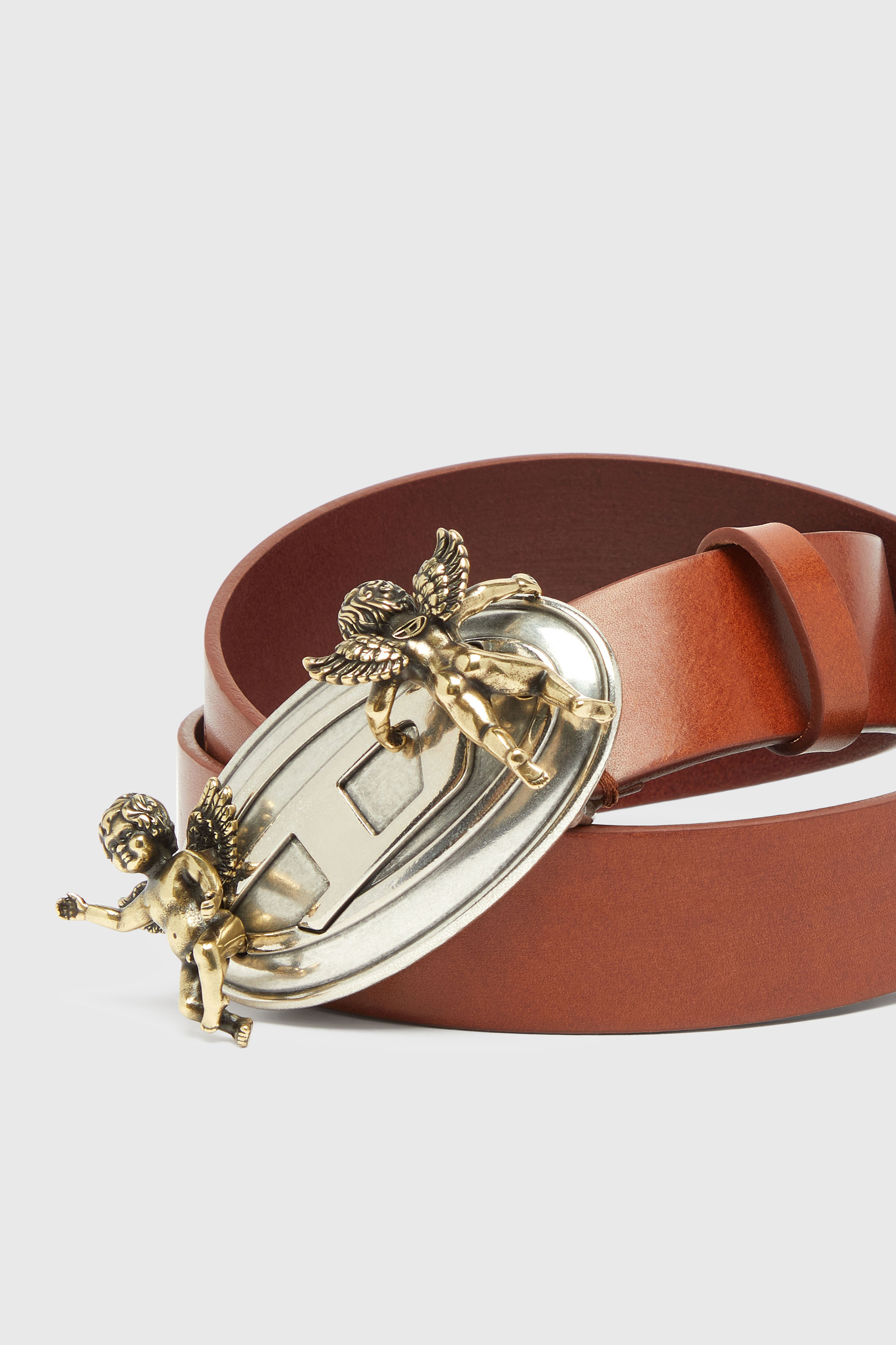 Diesel - B-OVAL ANGELS 35, Damen 3,5 cm Lederg&uuml;rtel mit Oval D Schnalle und Cherub in Braun - 3