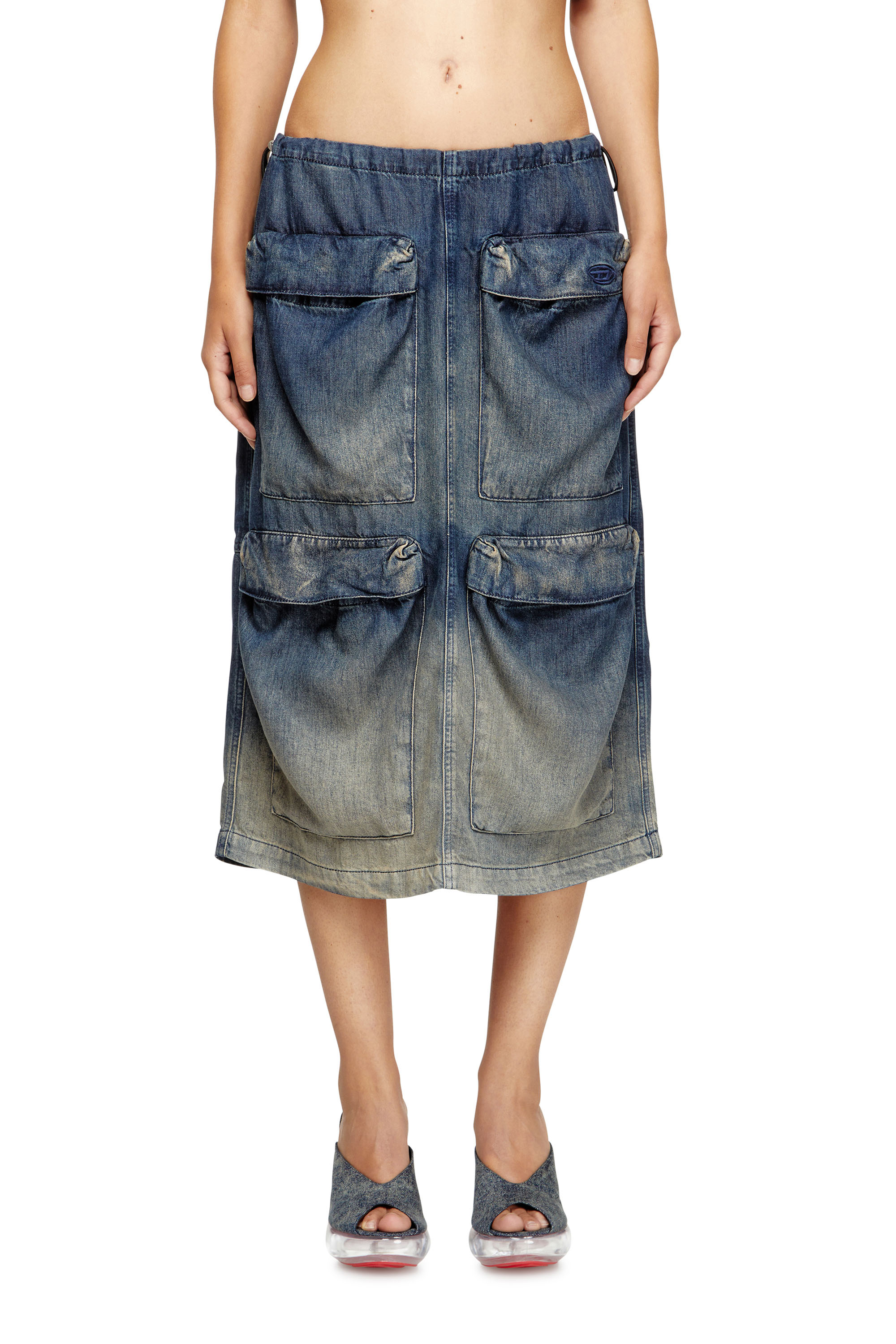 Diesel - DE-MEGI-S, Jupe midi en denim dégradé et fluide Femme in Bleu - 1
