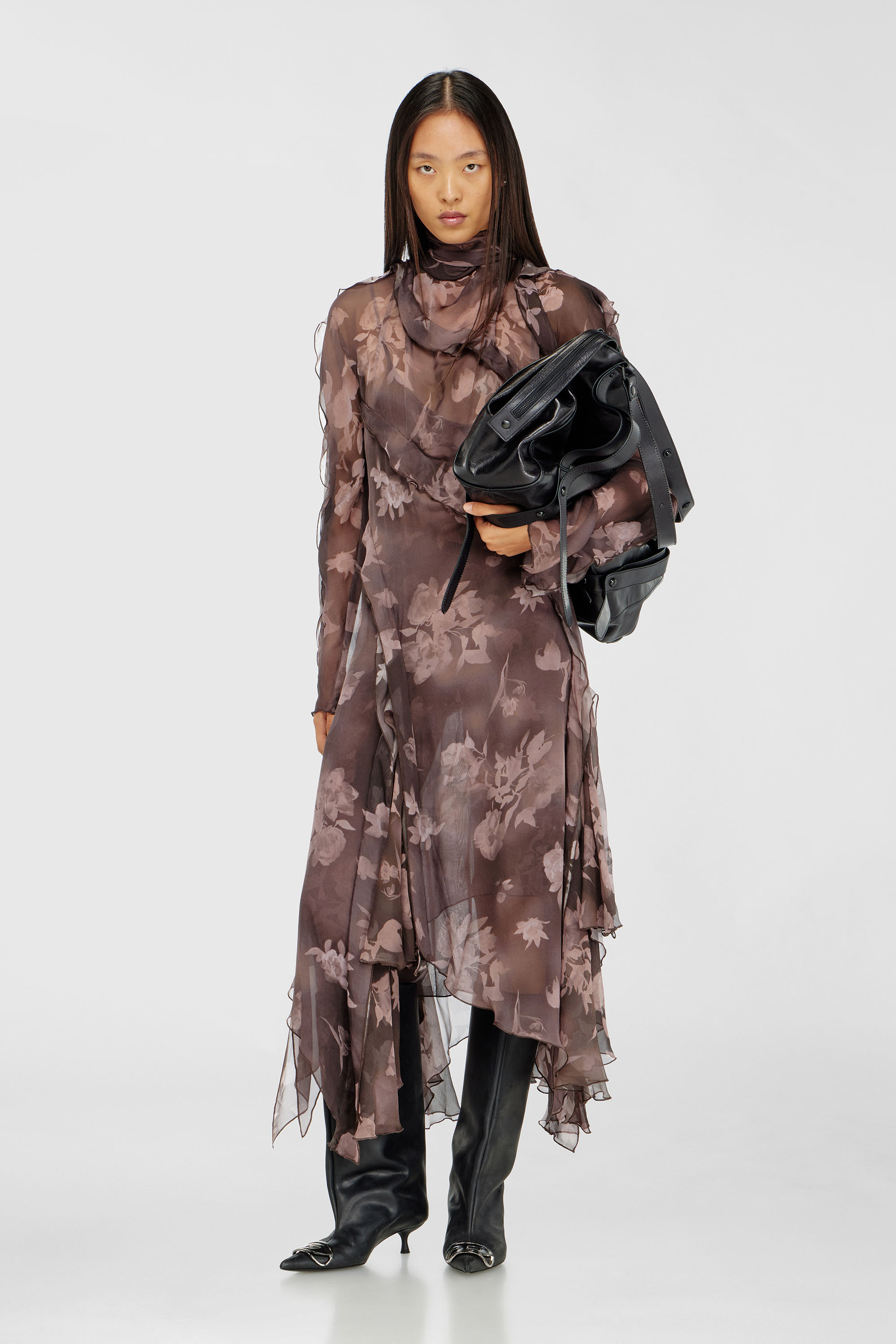 Diesel - D-RIADI, Damen Asymmetrisches Midikleid aus Chiffon und Seiden-Cr&ecirc;pe in Braun - 1
