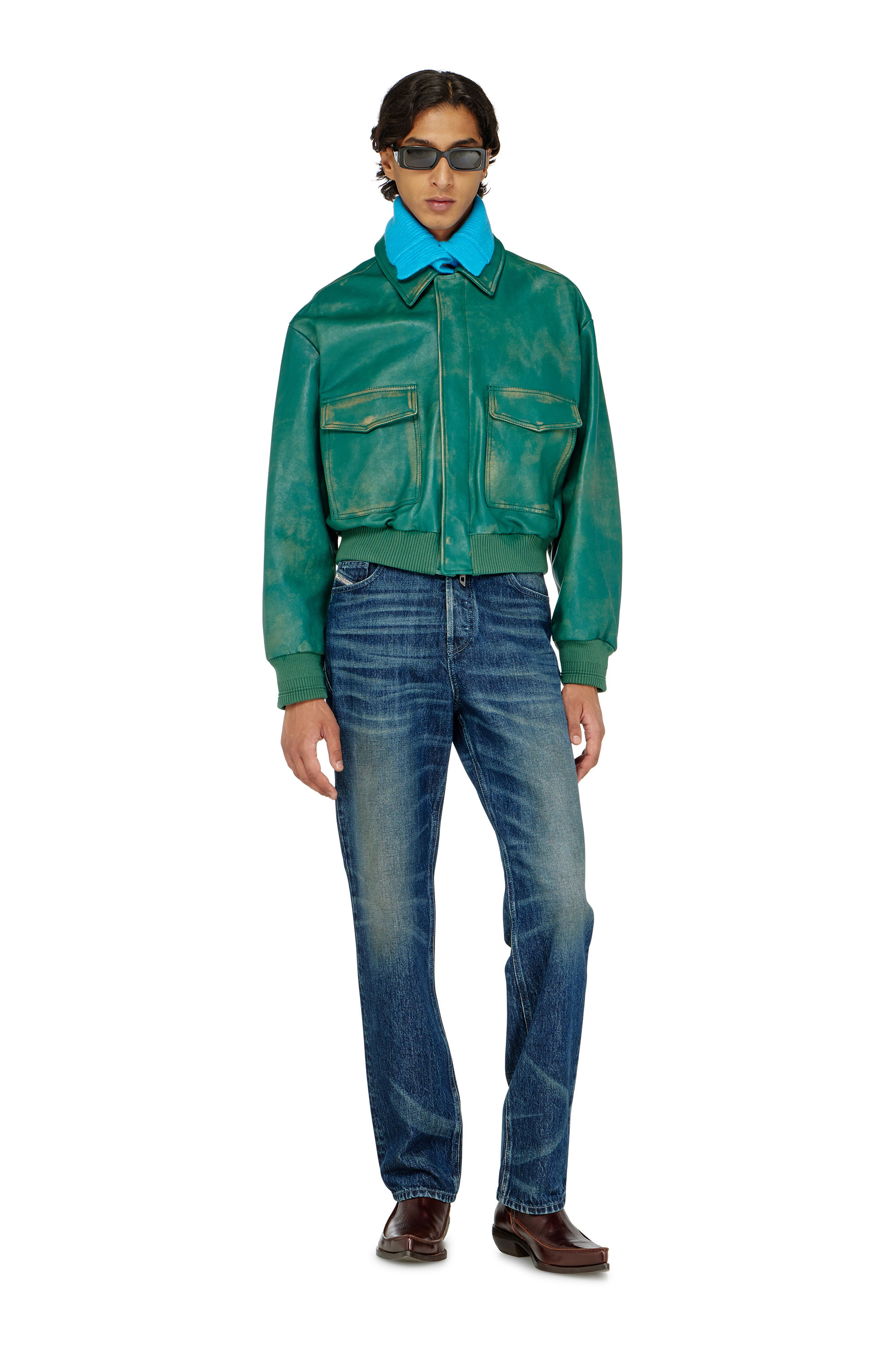 Diesel - L-UMAN, Giacca aviator in pelle lavorata Uomo in Verde - 2
