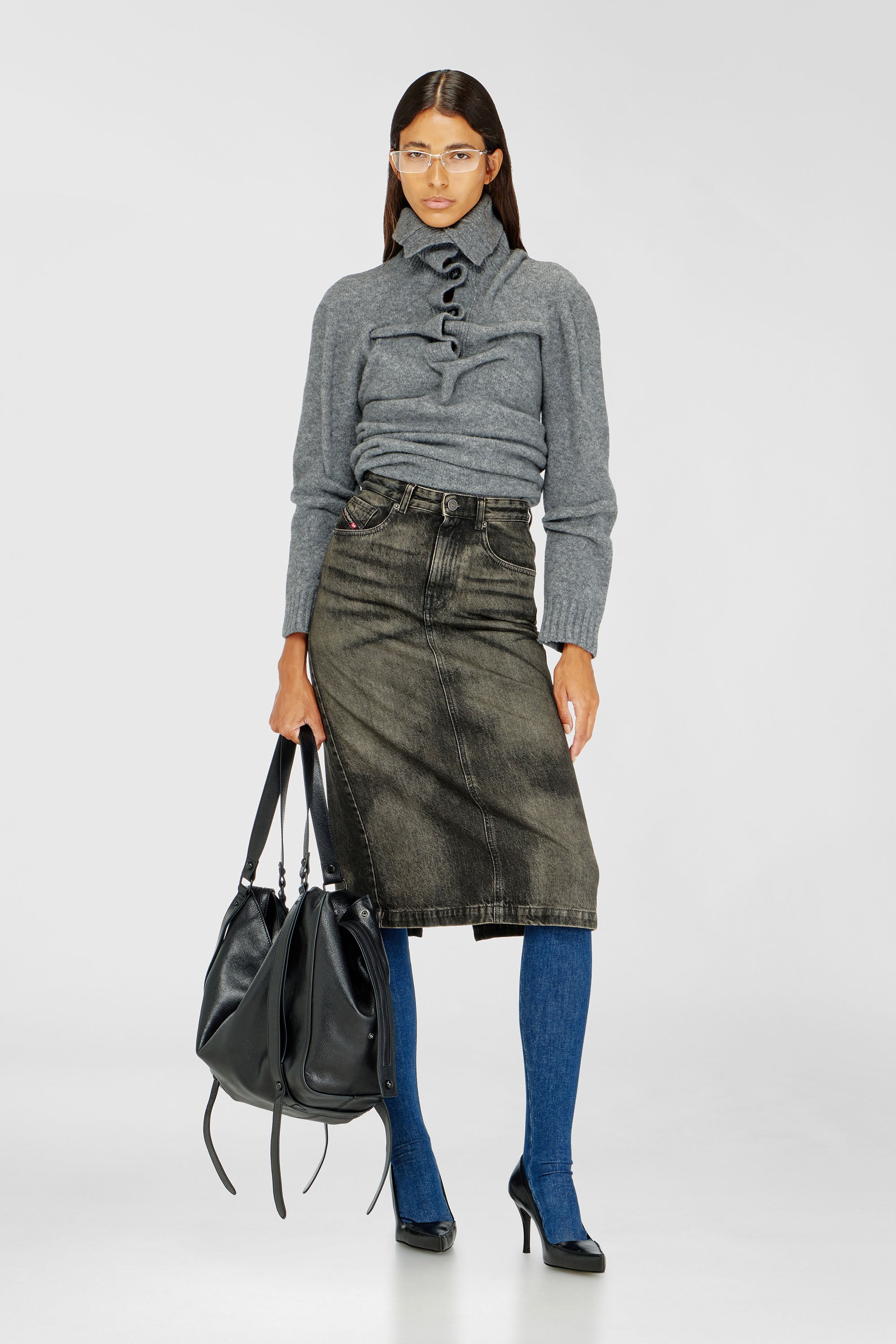 Diesel - DE-PENDY-FSJ, Damen Bleistiftrock aus Denim mit Dirty-Effekt in Schwarz/Dunkelgrau - 1