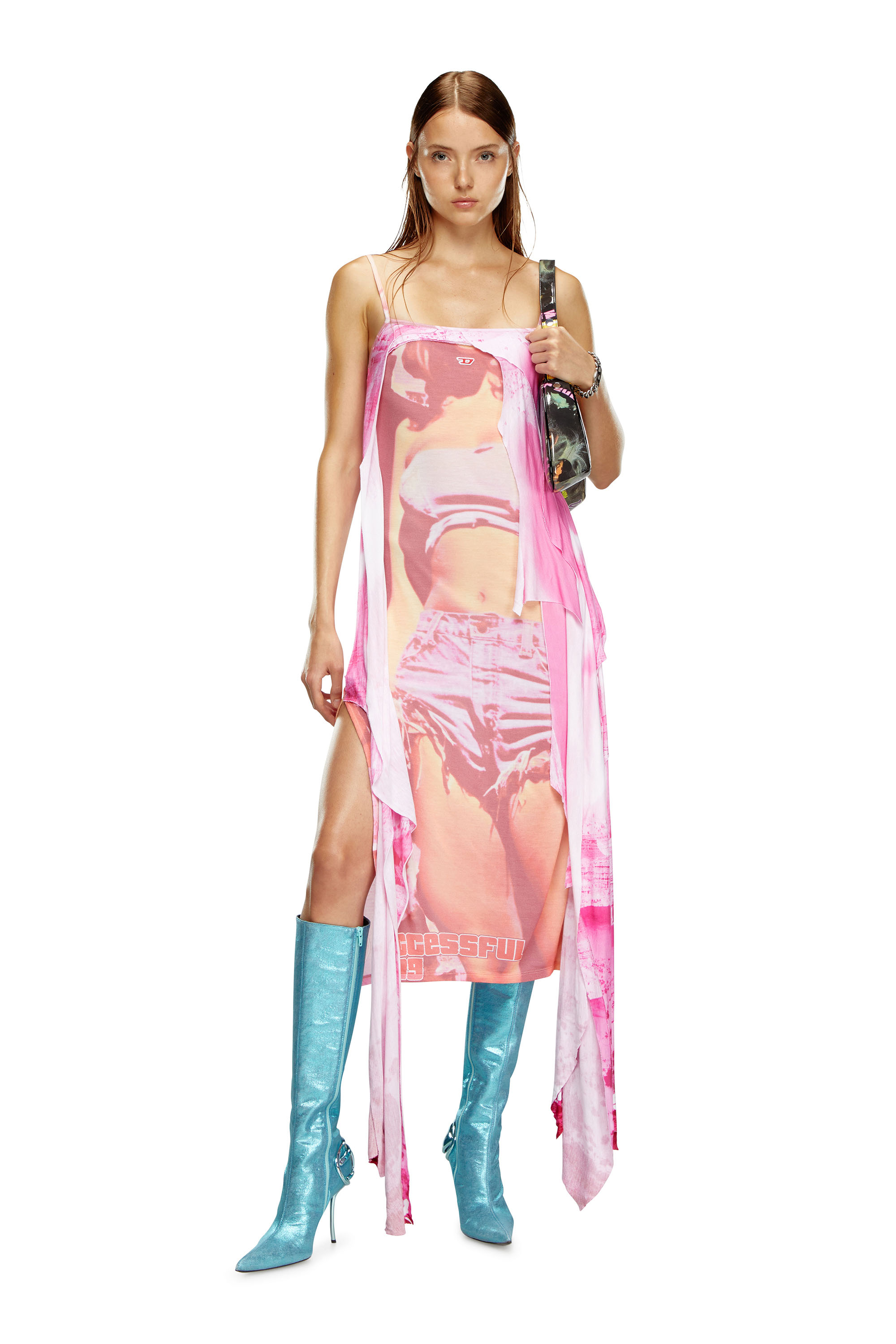 Diesel - D-MALORY-LONG, Femme Robe midi avec superposition asymétrique in Rose - Image 1