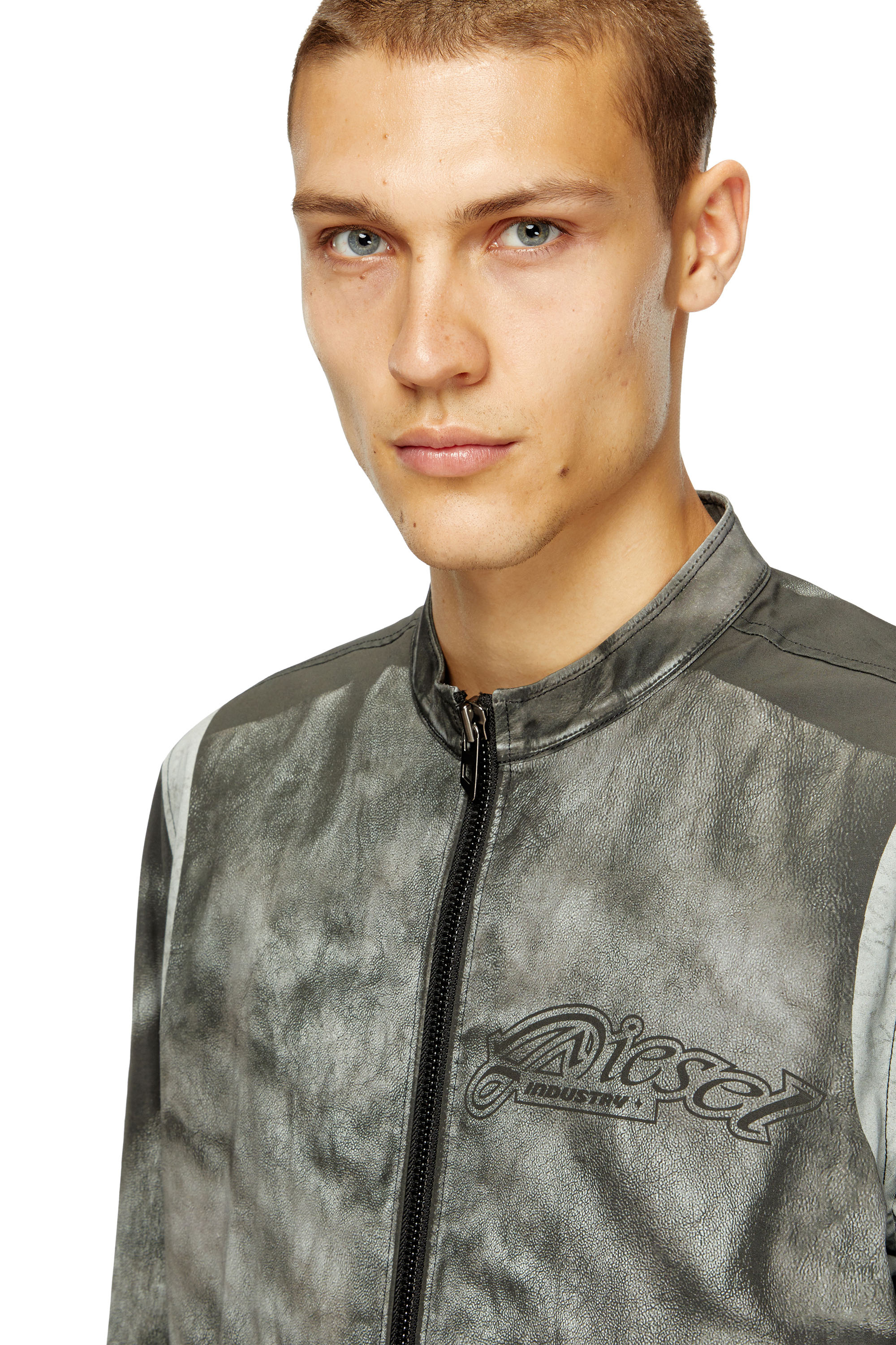 Diesel - J-EVERT, Herren Bikerjacke aus bedrucktem Canvas in Dunkelgrau - 5