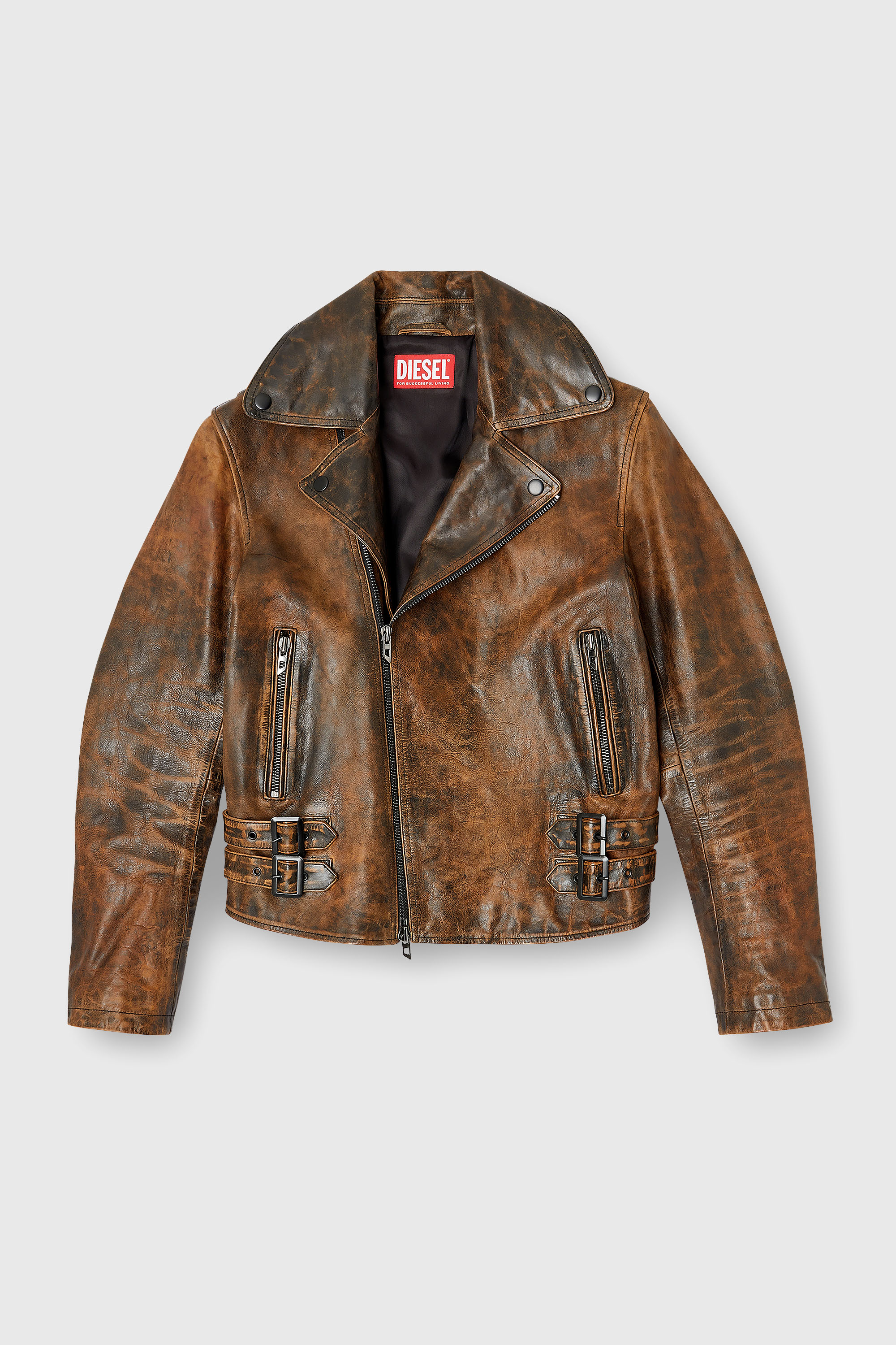 Diesel - L-EON, Giacca biker in pelle trattata Uomo in Marrone - 2