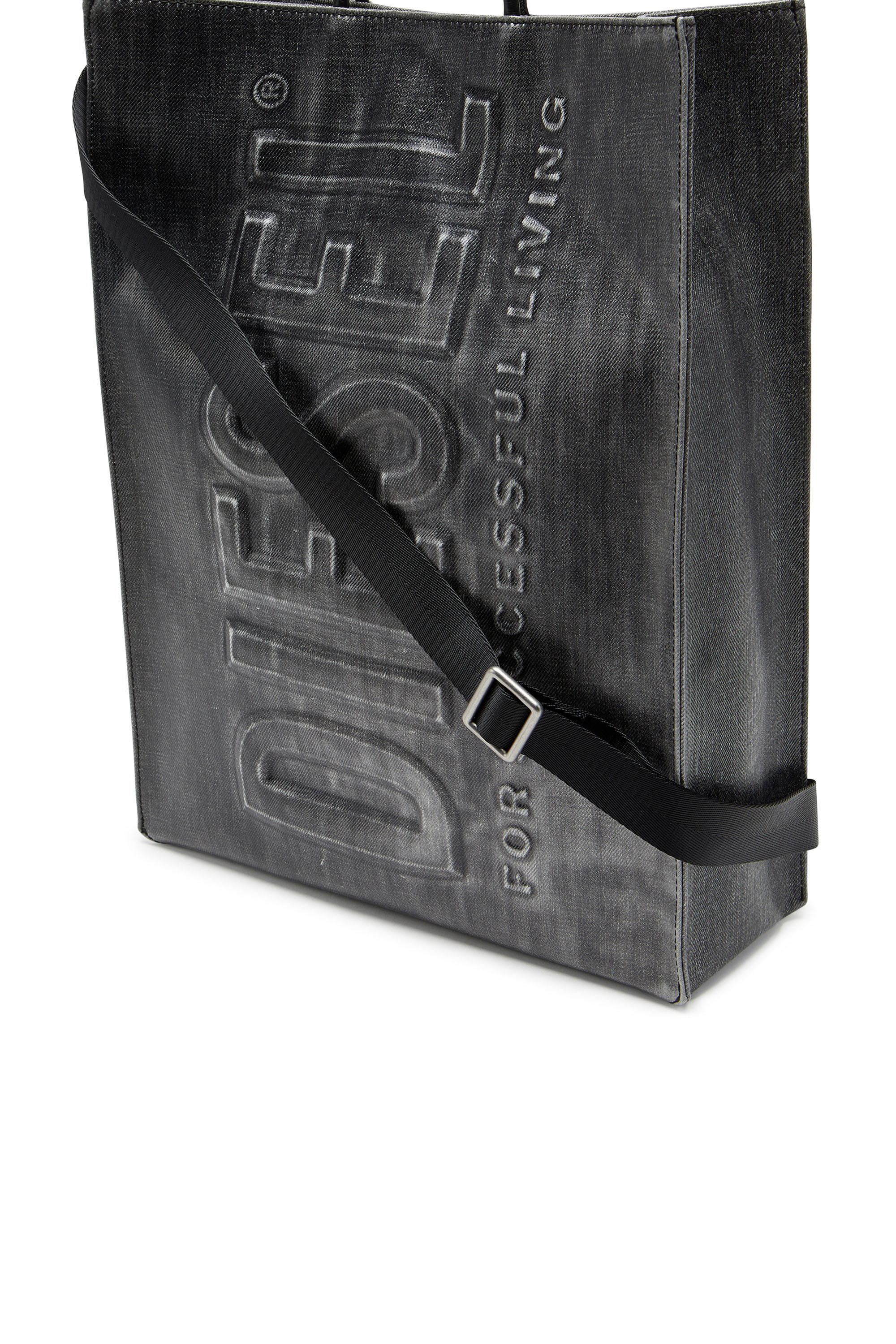 Diesel - DSL 3D SHOPPER L X, Herren Dsl 3D L-Große Tote-Tasche aus beschichtetem solarisiertem Denim in Schwarz - Image 5
