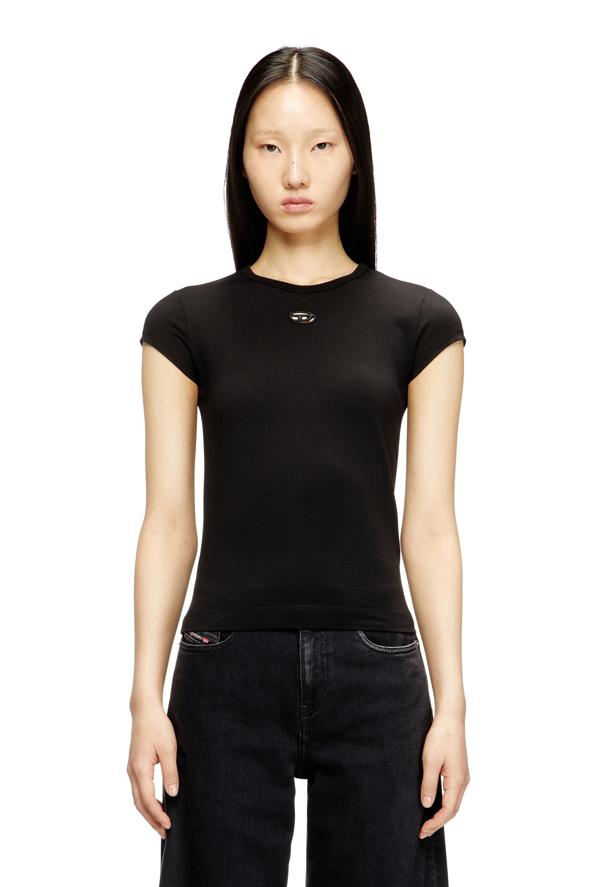 Diesel - T-ANGIE-OD, Damen T-Shirt mit ausgeschnittenem, besticktem Logo in Schwarz - 1