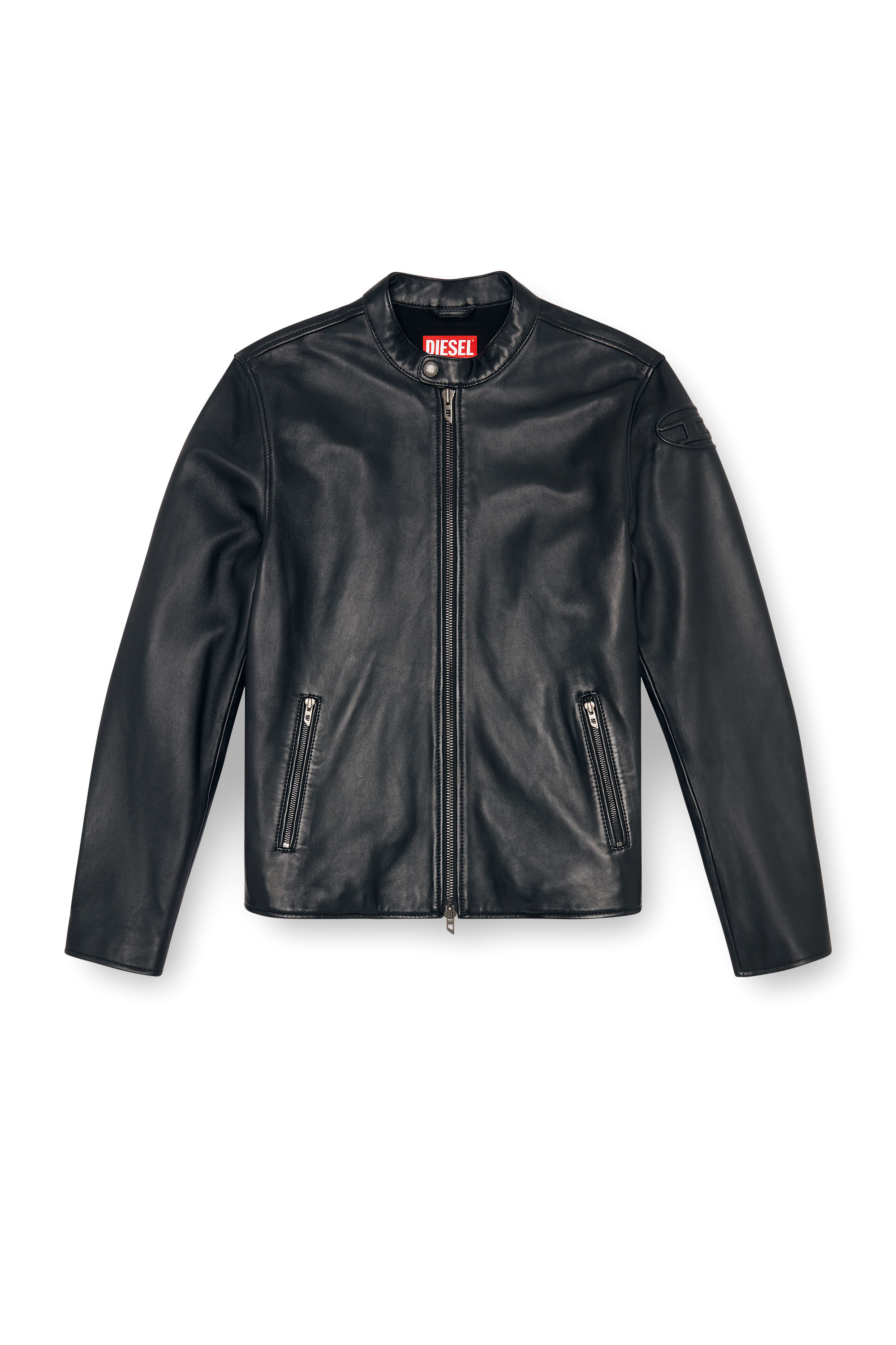 Diesel - L-CARVER, Man's Leather biker jacket with embossed logo in Black - 2