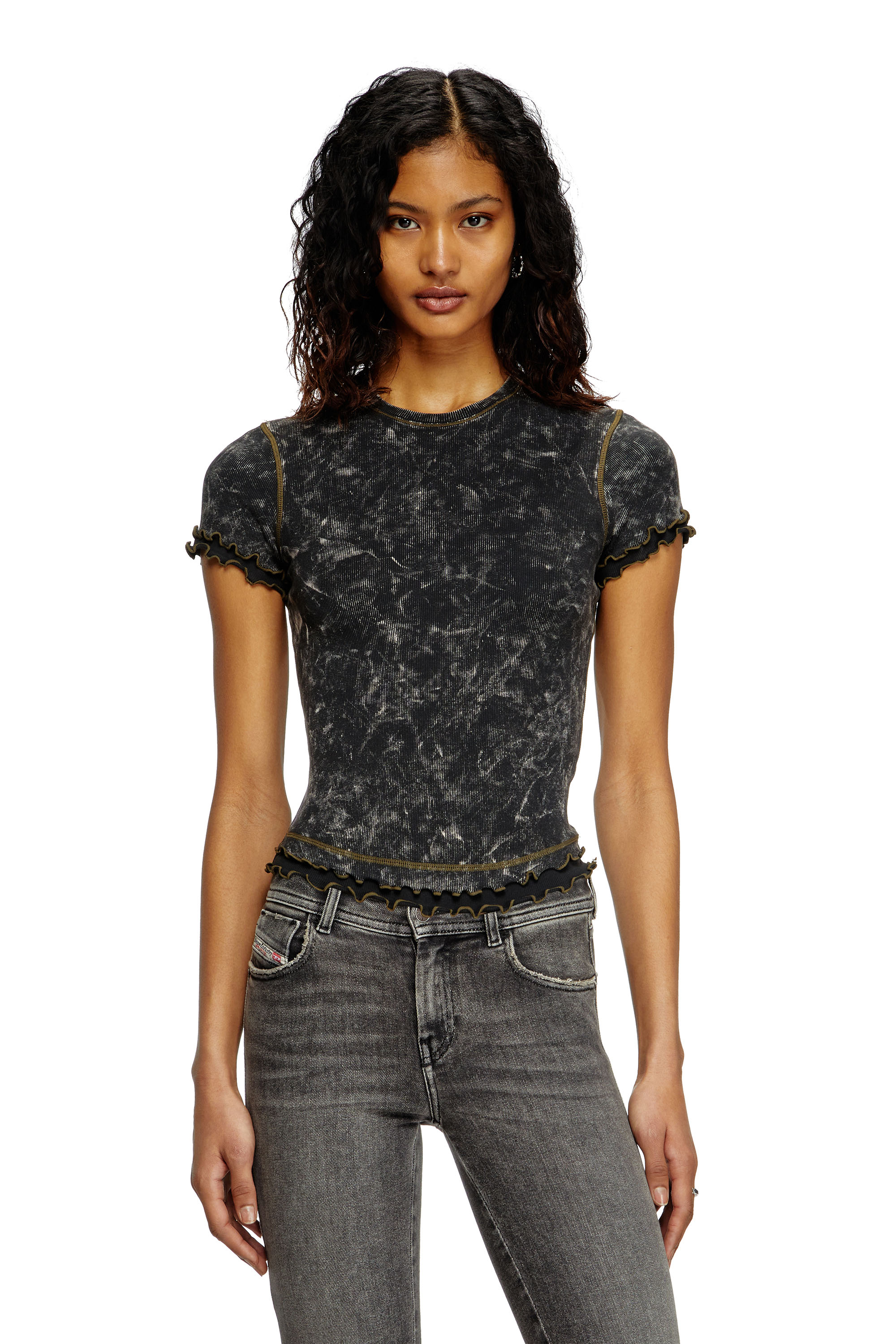 Diesel - T-FLU, T-shirt effetto marble con balze Donna in Nero - 2