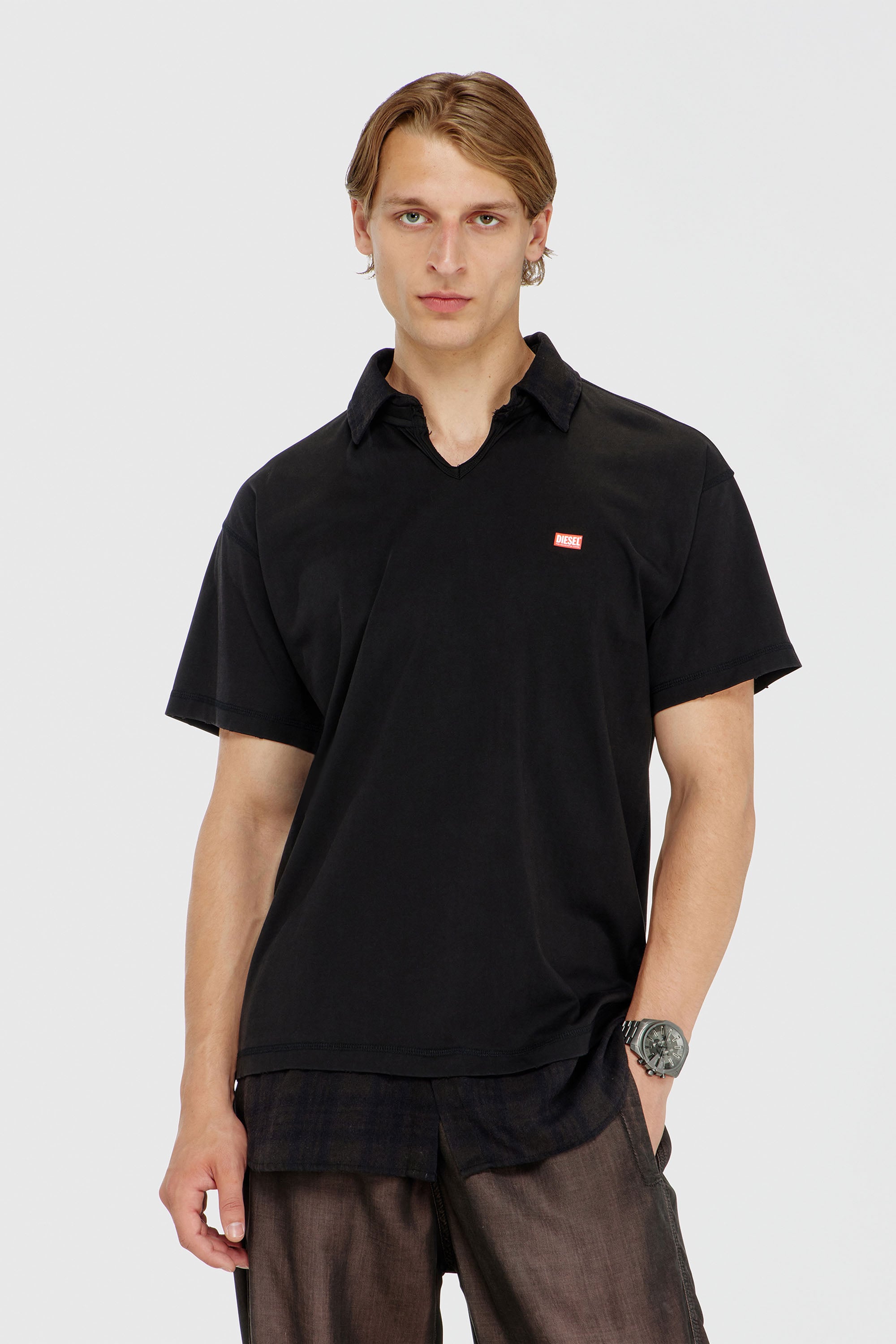Diesel - T-ANSEL, Polo en jersey avec finitions en flanelle &agrave; carreaux Homme in Noir - 3