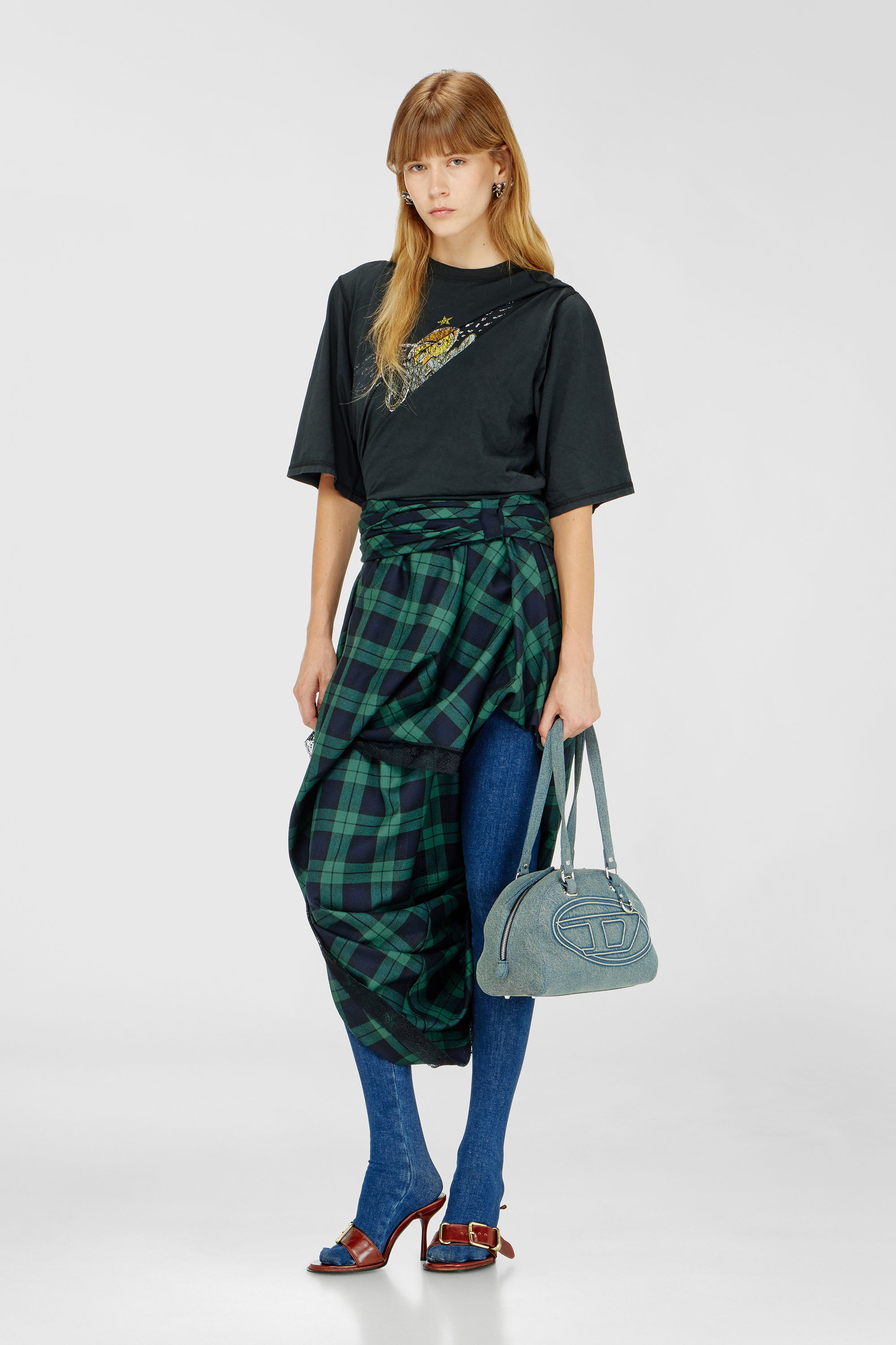Gonna midi tartan drappeggiata con bordo in pizzo