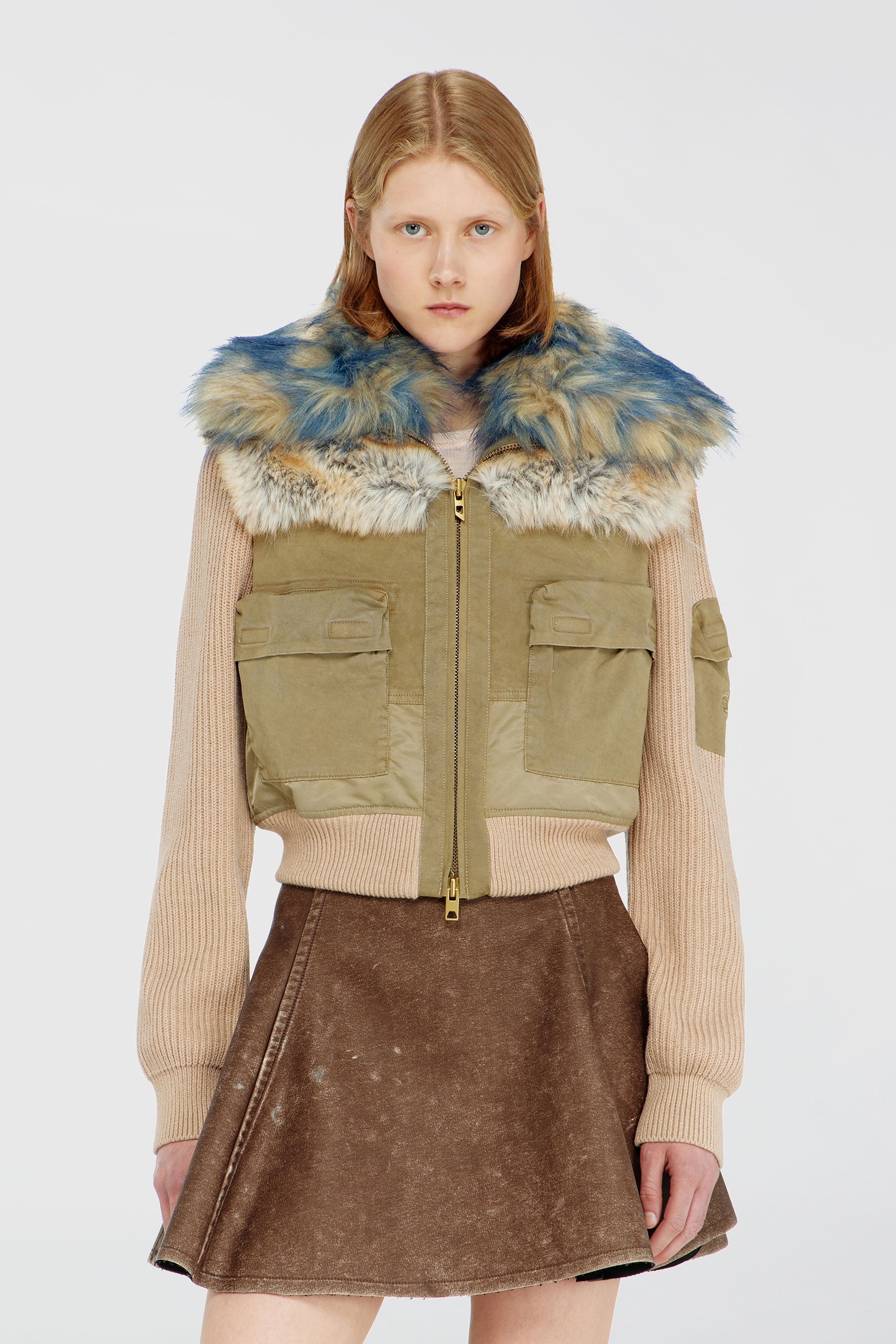 Diesel - G-USTAV, Blouson avec finitions en maille c&ocirc;tel&eacute;e et effet peluche Femme in Beige - 1