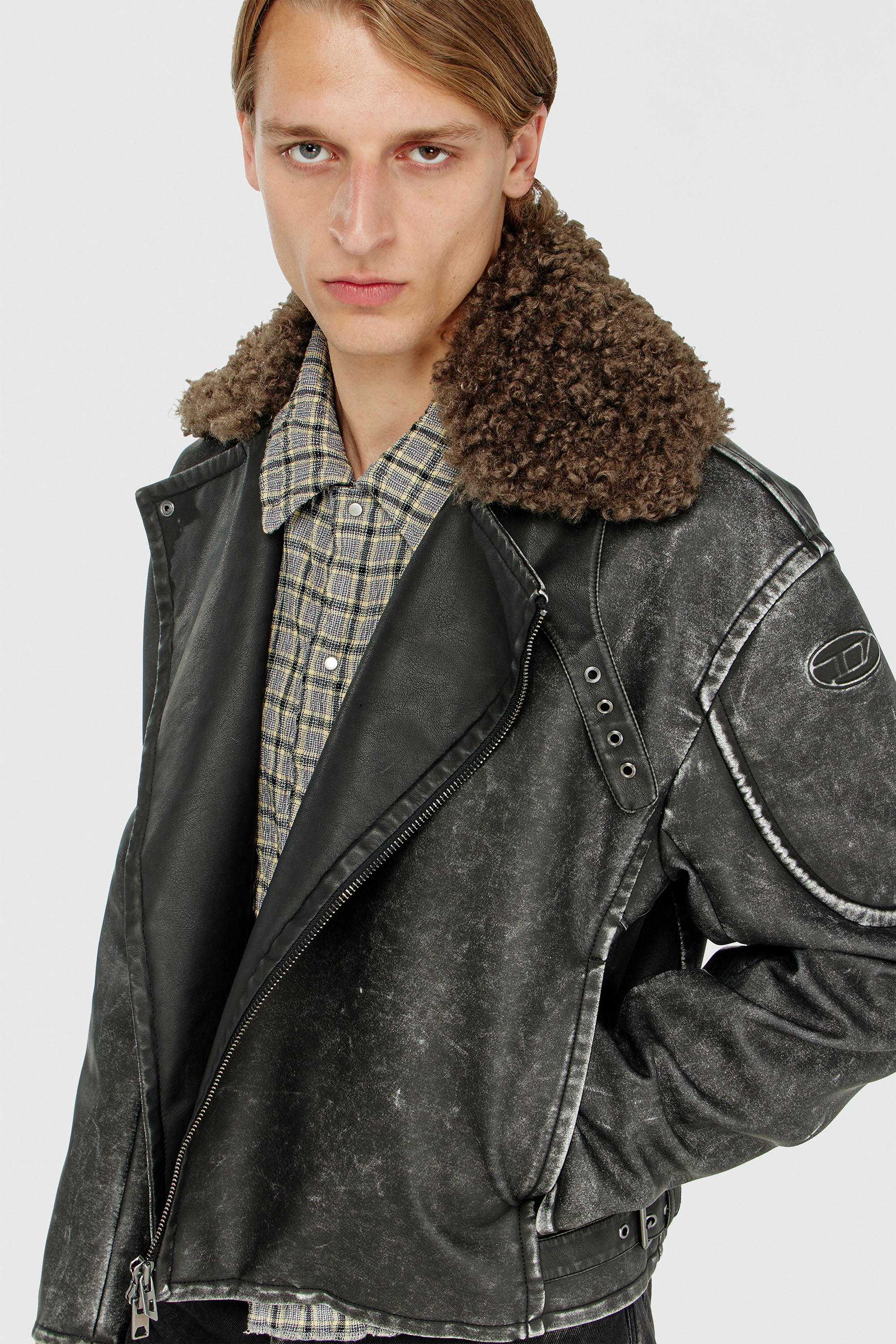 Diesel - W-ALEX, Herren Biker jacket mit abnehmbarem Kragen in Dunkelgrau - 6