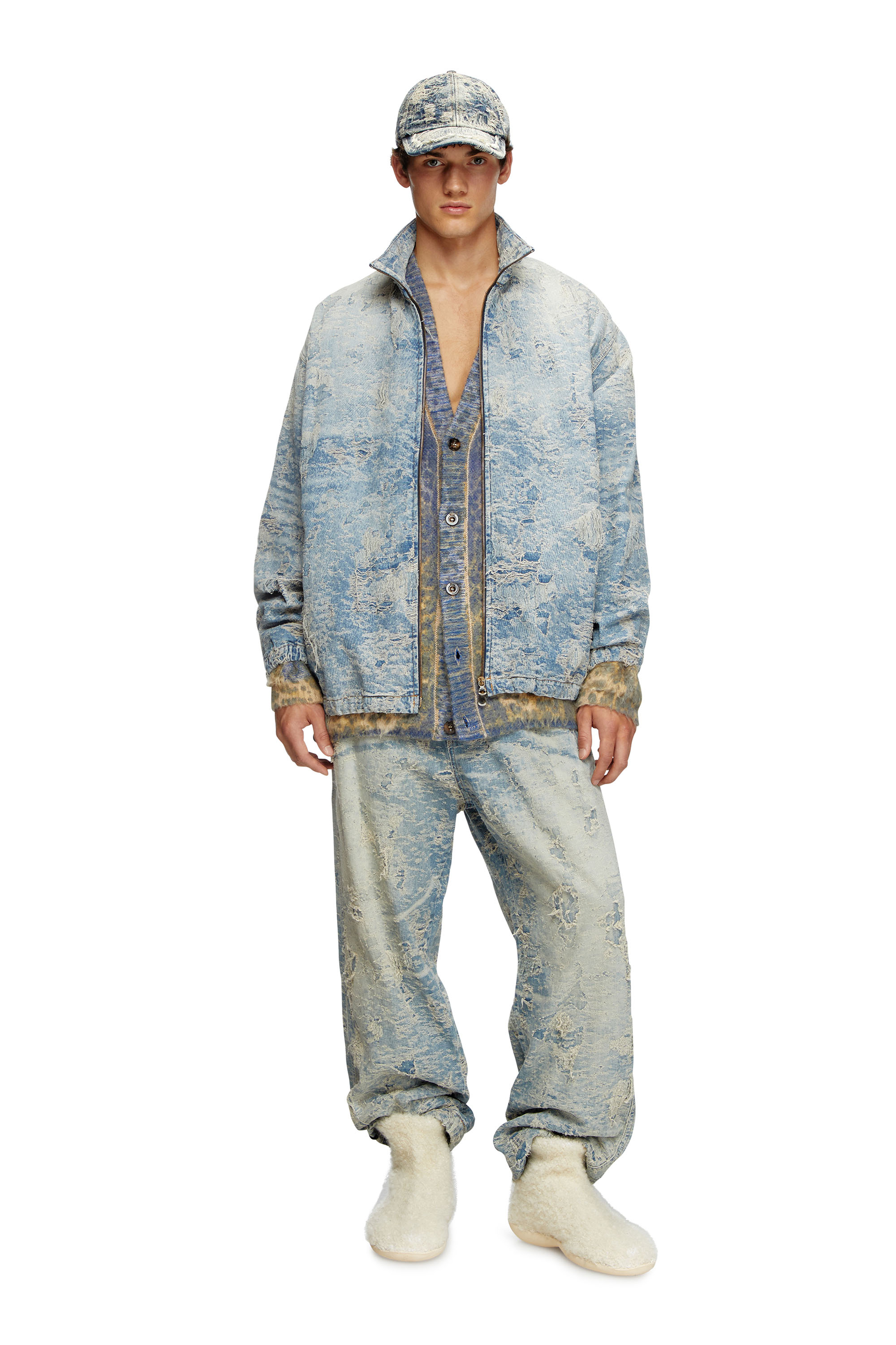 Diesel - D-KRAP-FSF, Veste zippée en denim jacquard effet sali Mixte in Bleu - 5