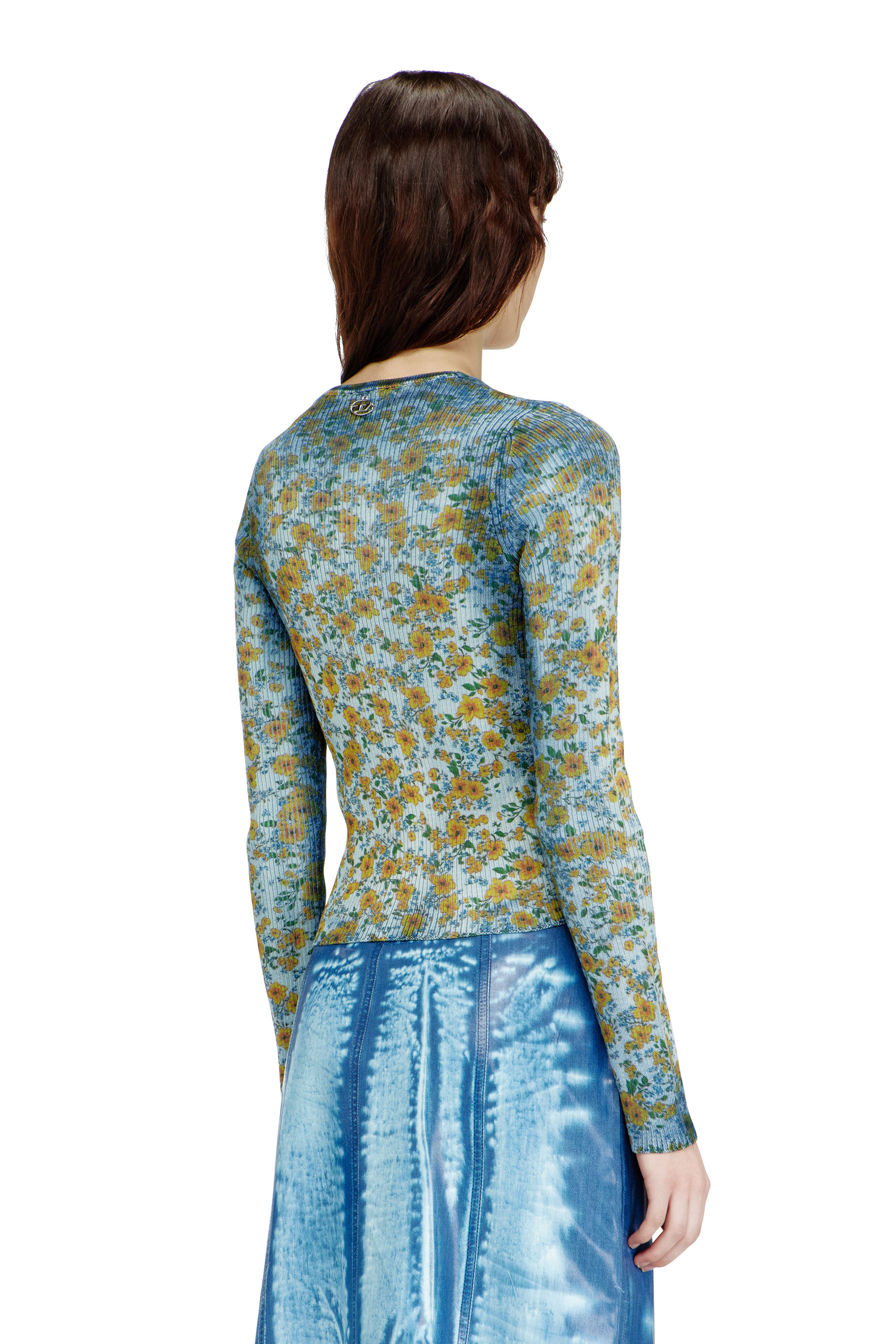 Diesel - M-EGE, Damen Rippenstrick-Top mit Blumenmuster im R&ouml;ntgen-Effekt in Blau - 4