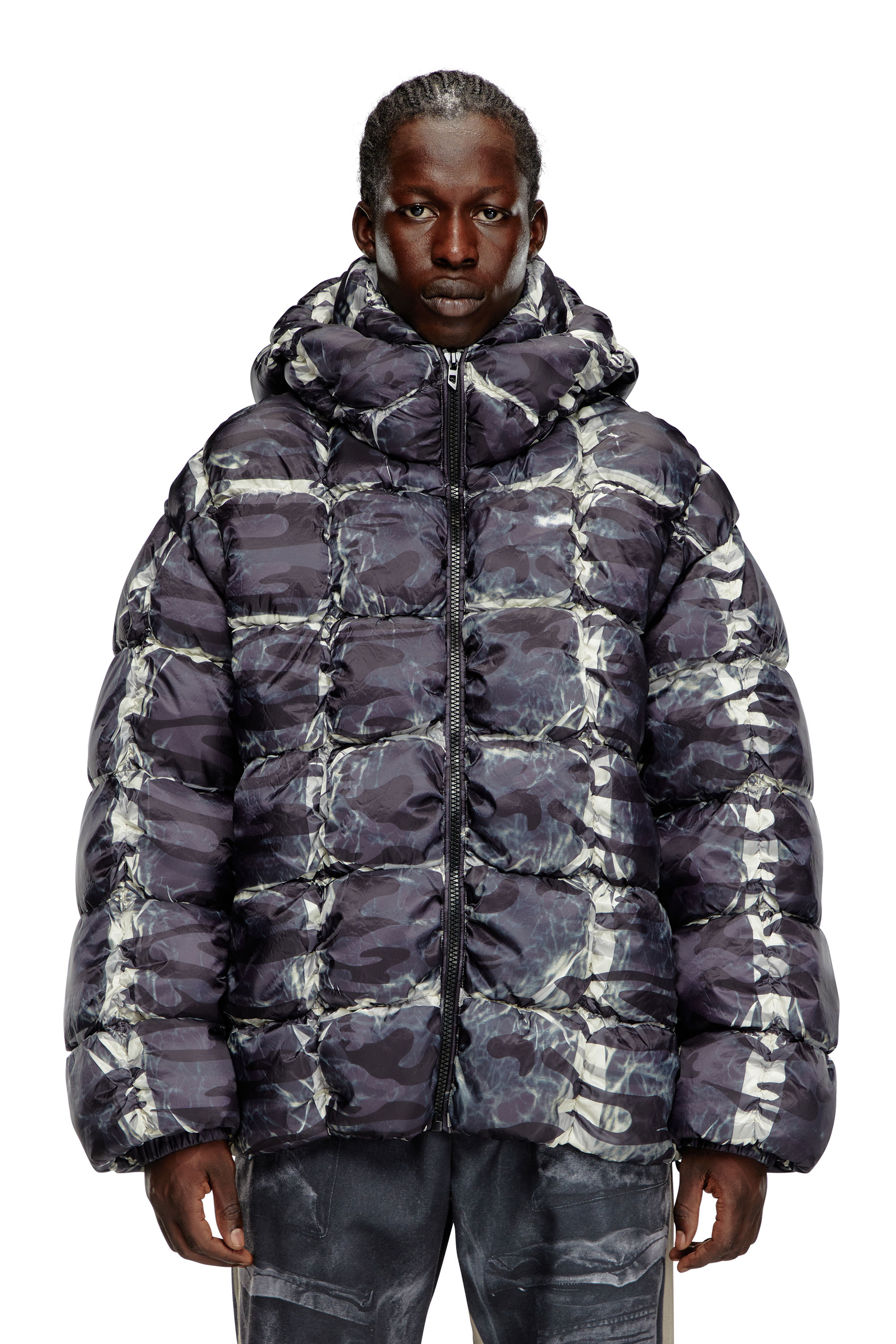 Diesel - W-CLAUS-CAMU, Veste polaire &agrave; capuche avec imprim&eacute; camouflage Homme in Gris - 3