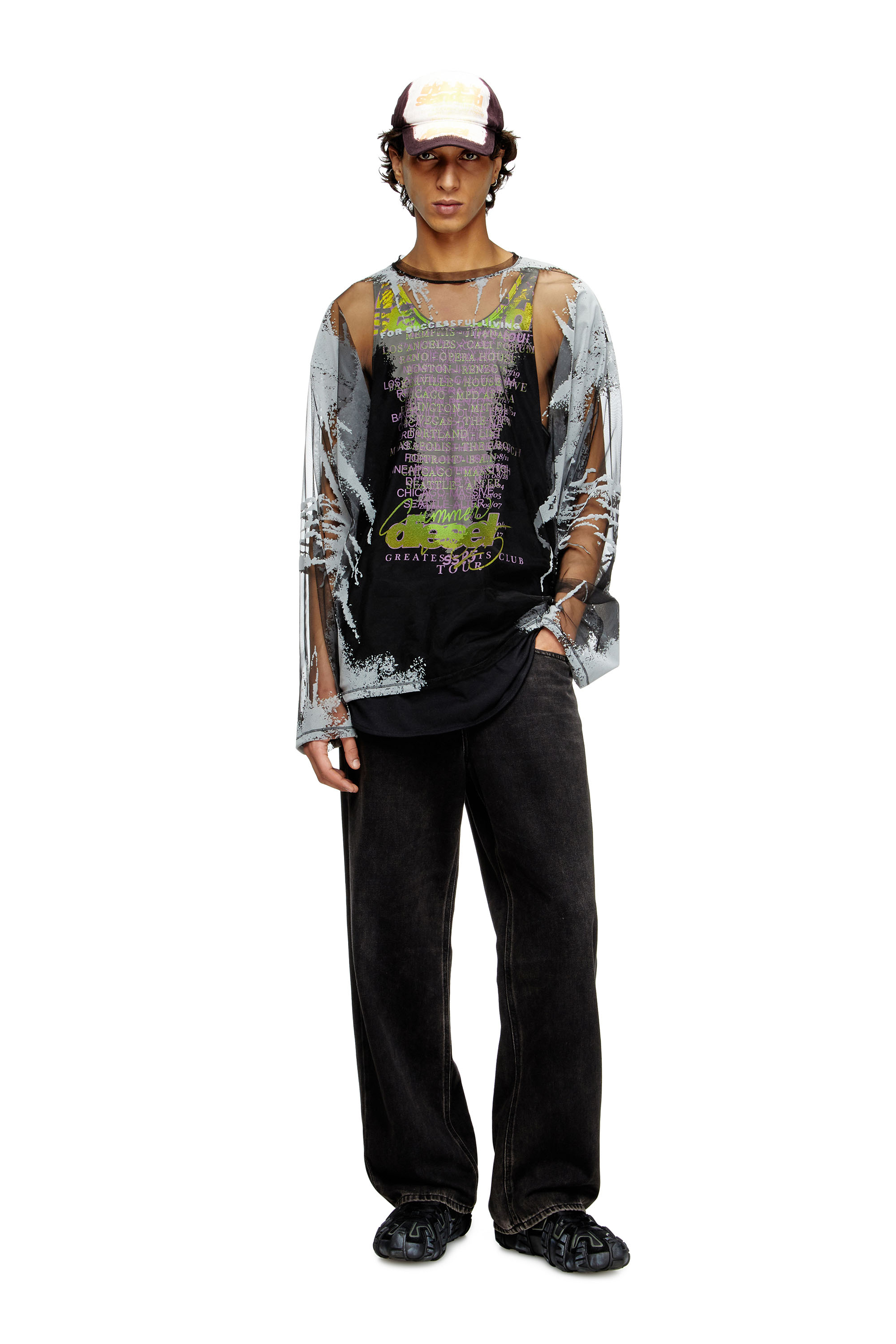 Diesel - T-HASSAN-LS-A, Unisex Langarm-T-Shirt aus Nylon mit Text-Print in Schwarz - 1