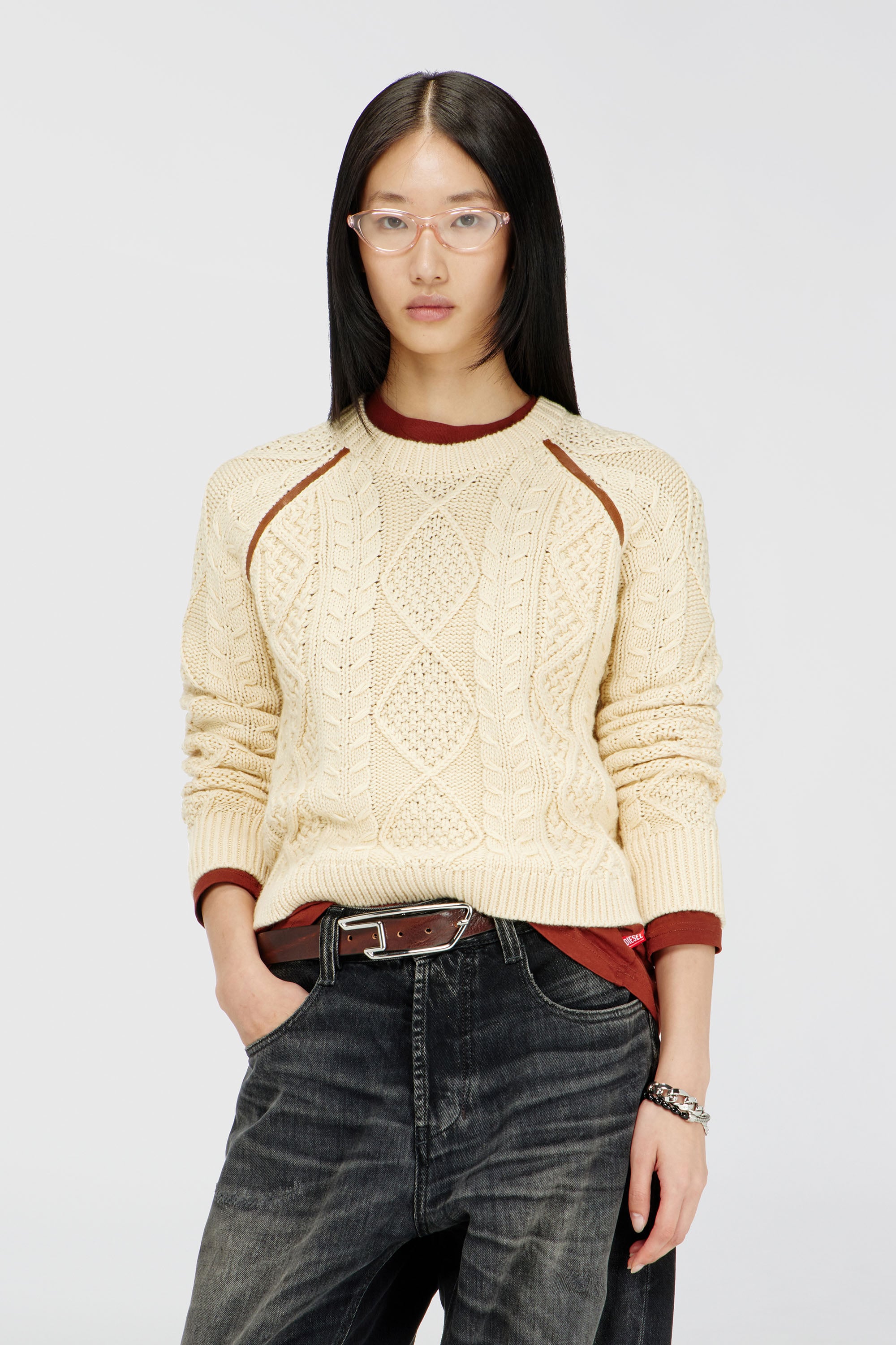 Diesel - M-INTANA, Pull en maille torsad&eacute;e avec bandes contrastantes Femme in Jaune - 1