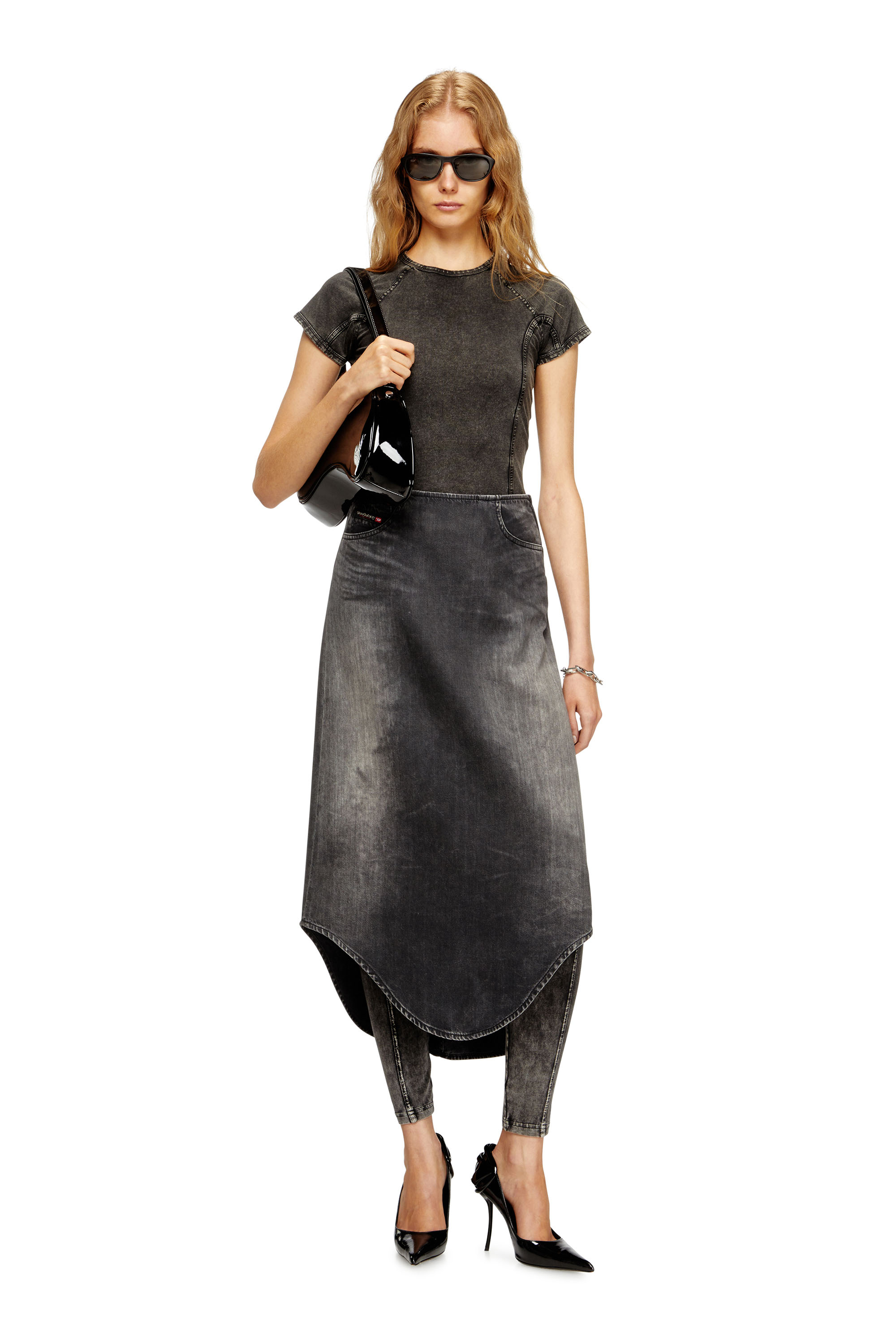 Diesel - DE-PLUMY-S, Damen Midirock aus Denim mit Shadow-Effekt in Schwarz - 2