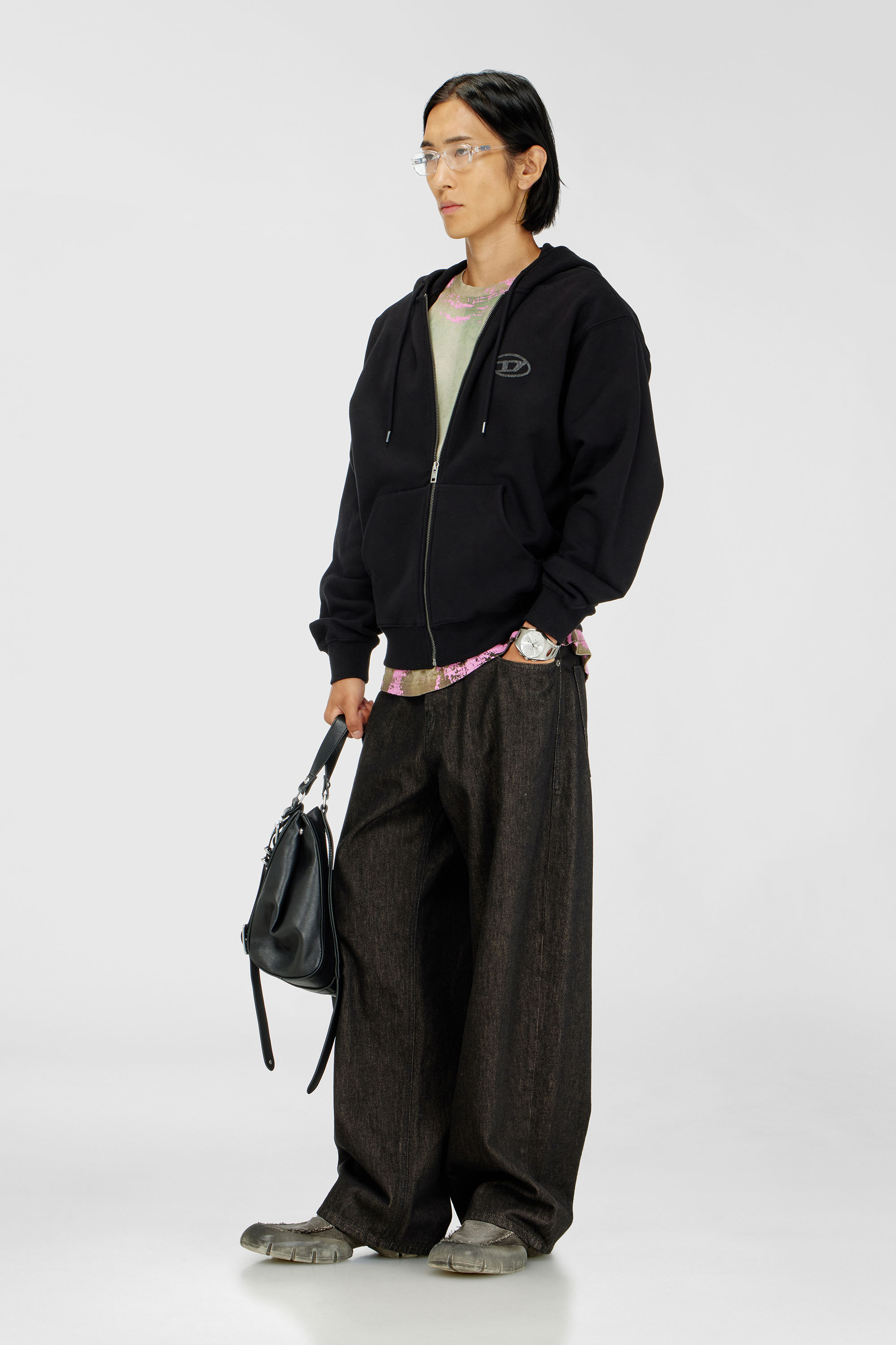 Diesel - S-LUK-HZ-T92, Sweat &agrave; capuche en coton avec broderie logo Oval D ton sur ton Homme in Noir - 2