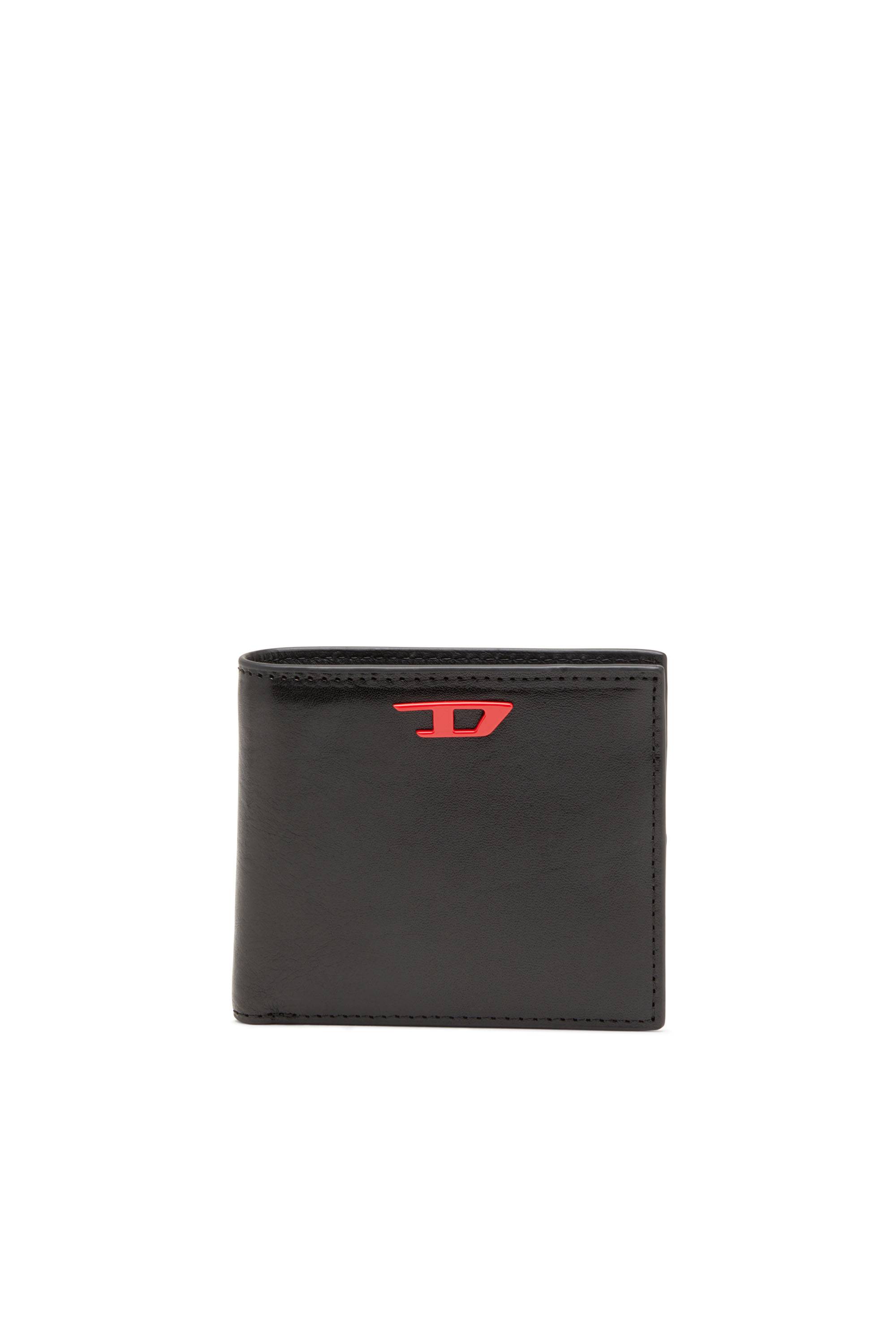 Diesel - RAVE BI-FOLD COIN S, Herren Faltportemonnaie aus Leder mit roter Logo-Plakette in Schwarz - Image 1