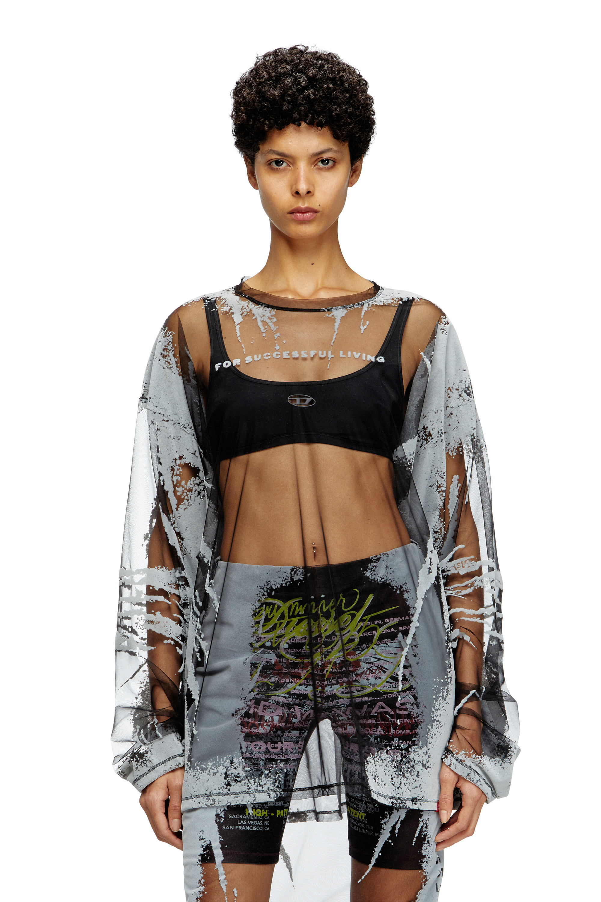 Diesel - T-HASSAN-LS-A, Unisex Langarm-T-Shirt aus Nylon mit Text-Print in Schwarz - 6