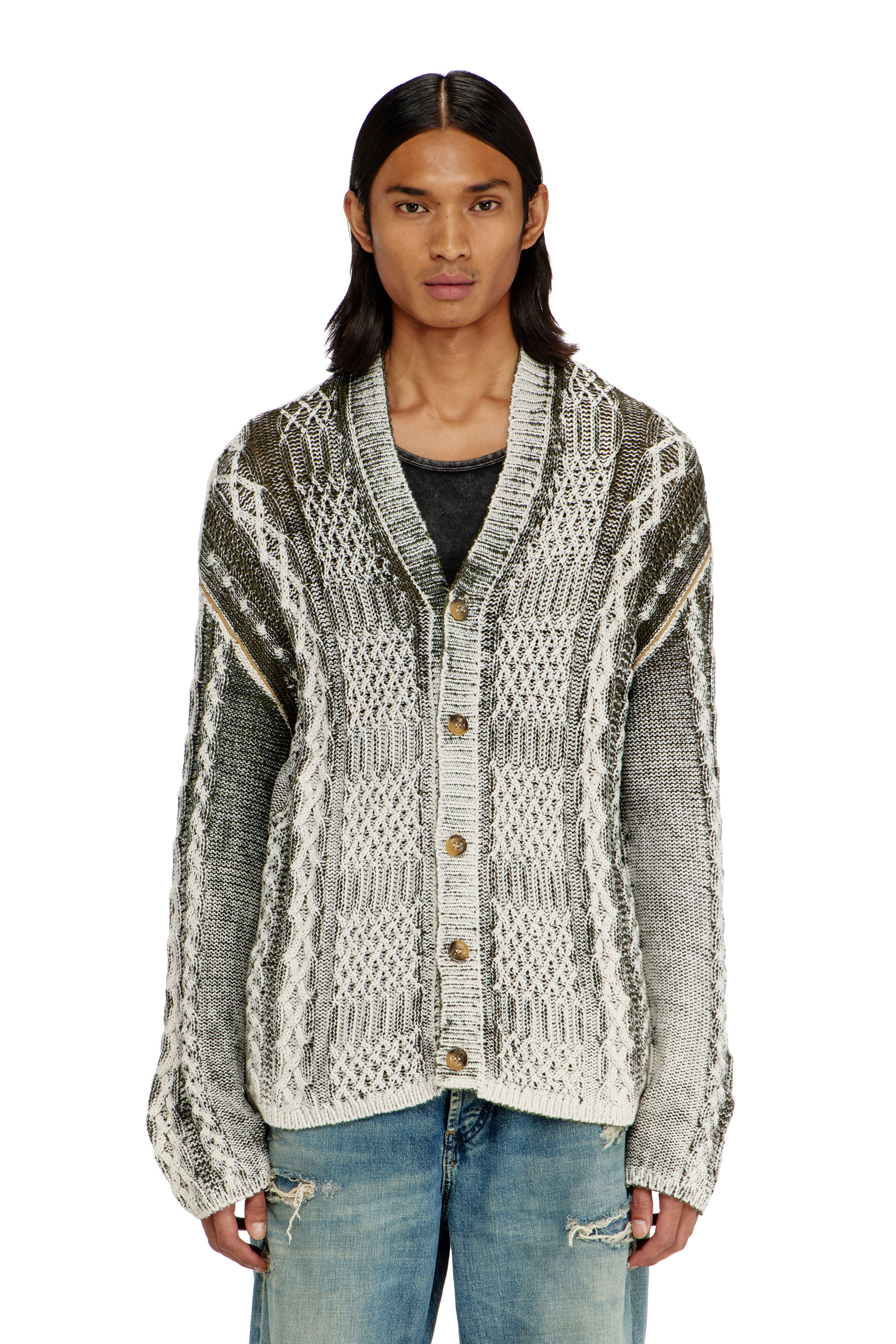 Diesel - K-MIOTO, Herren Behandelter Cardigan aus Zopfmusterstrick in Weiss/Grau - 3