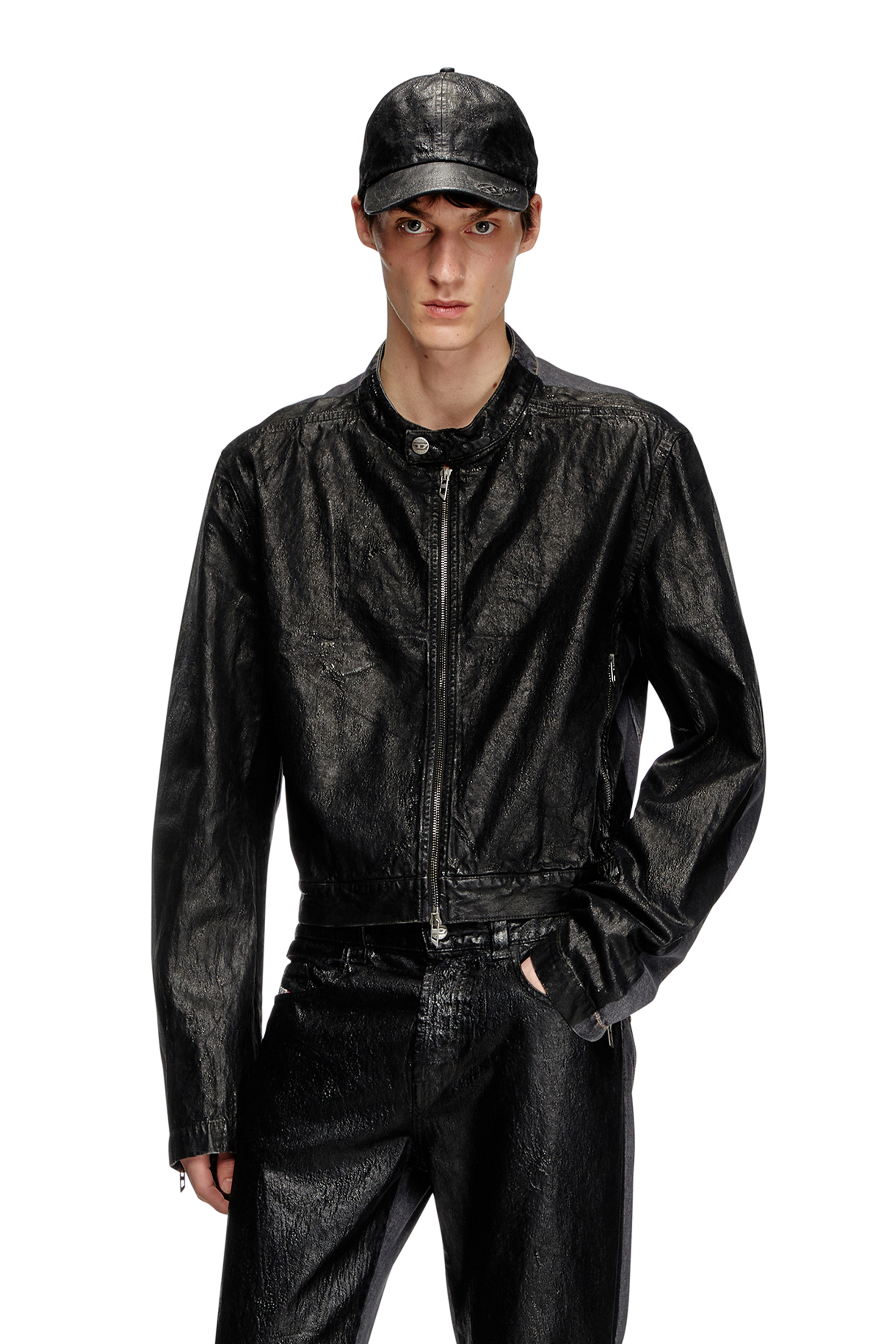 Diesel - D-GLORY-DD, Veste biker en denim avec devant enduit Mixte in Noir - 1