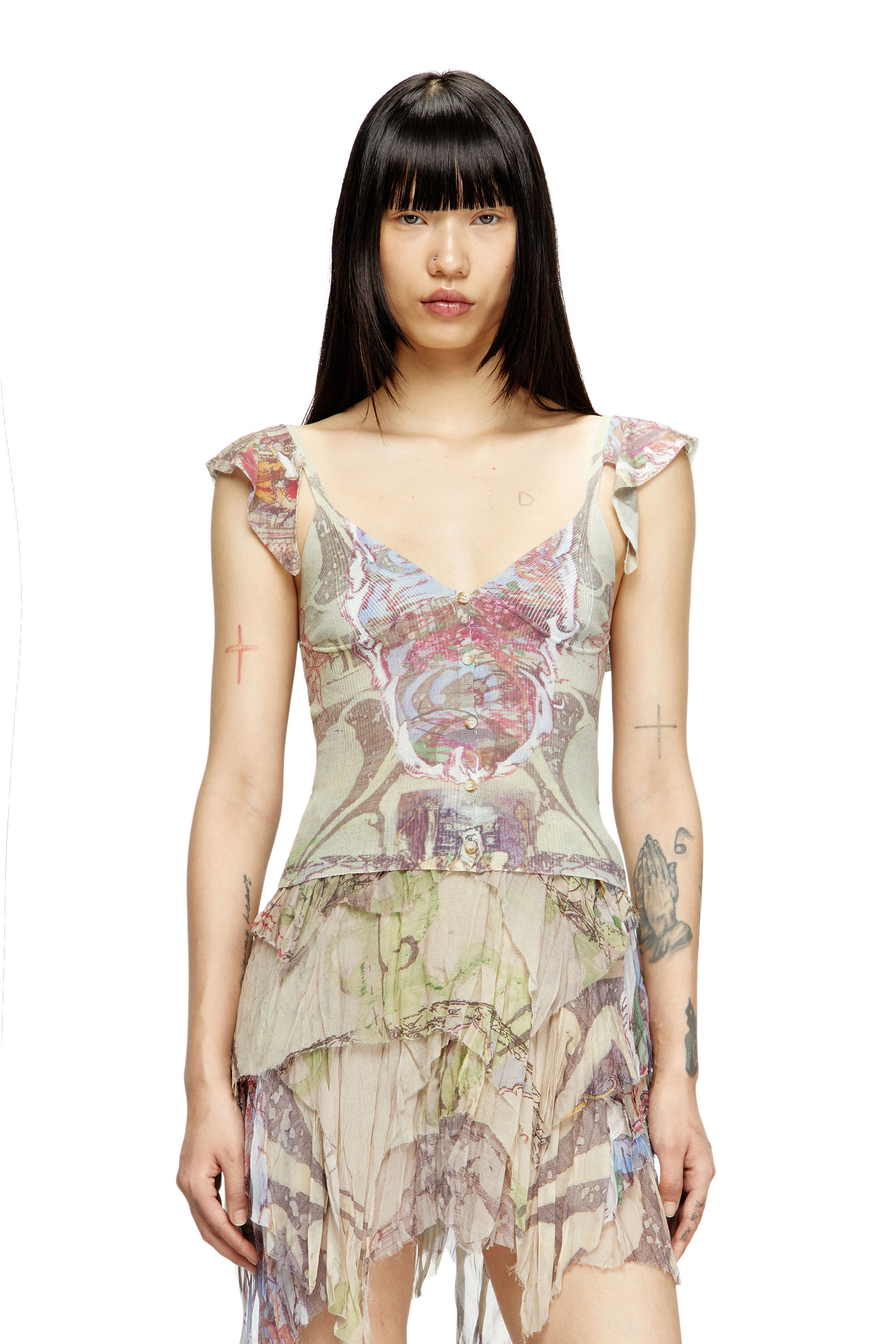 Diesel - M-FIORE, Top in maglia con ruches e stampa medievale Donna in Marrone - 1