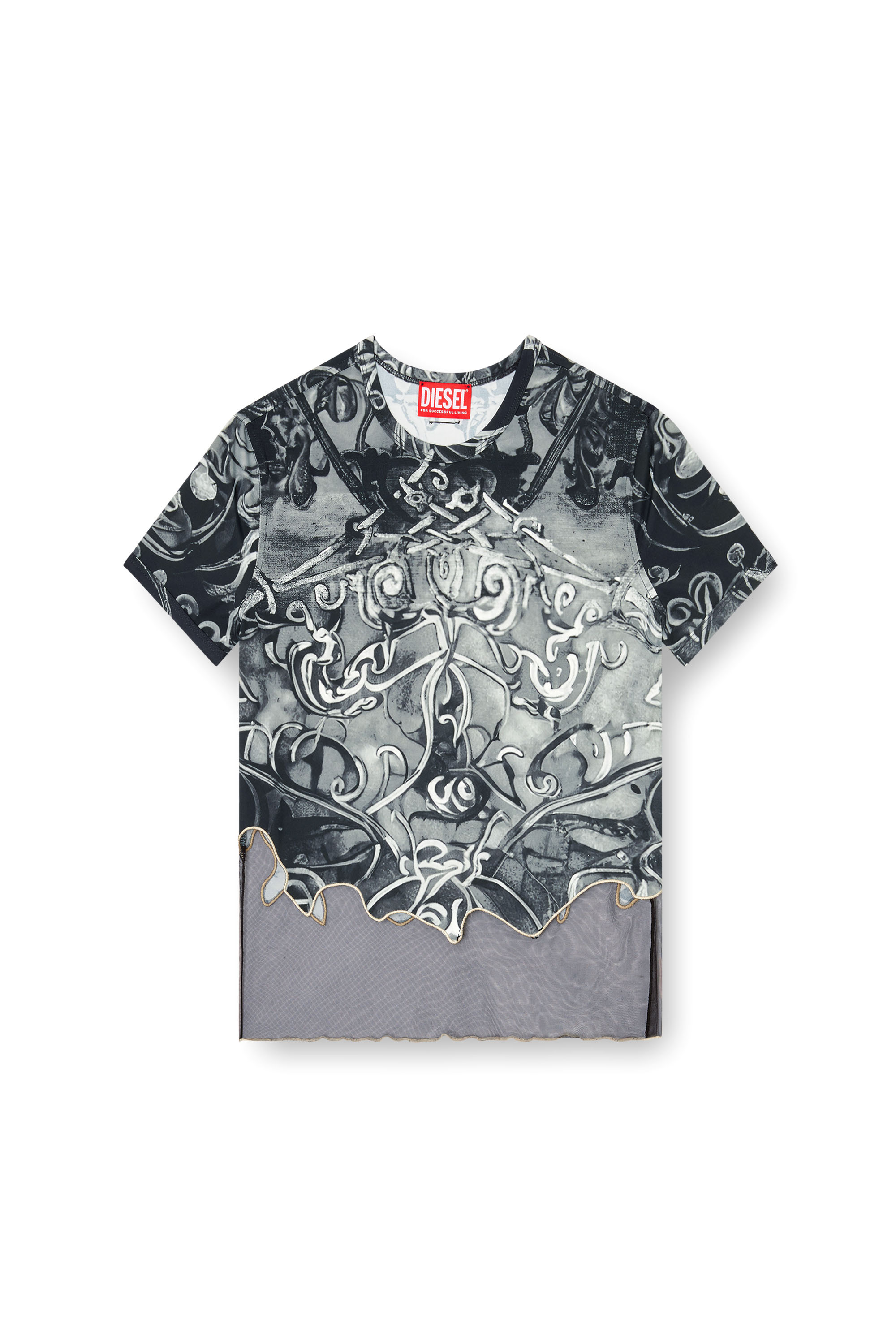 Diesel - T-INLAY, Damen T-Shirt aus Nylon mit heraldischem Print in Schwarz/Grau - 3