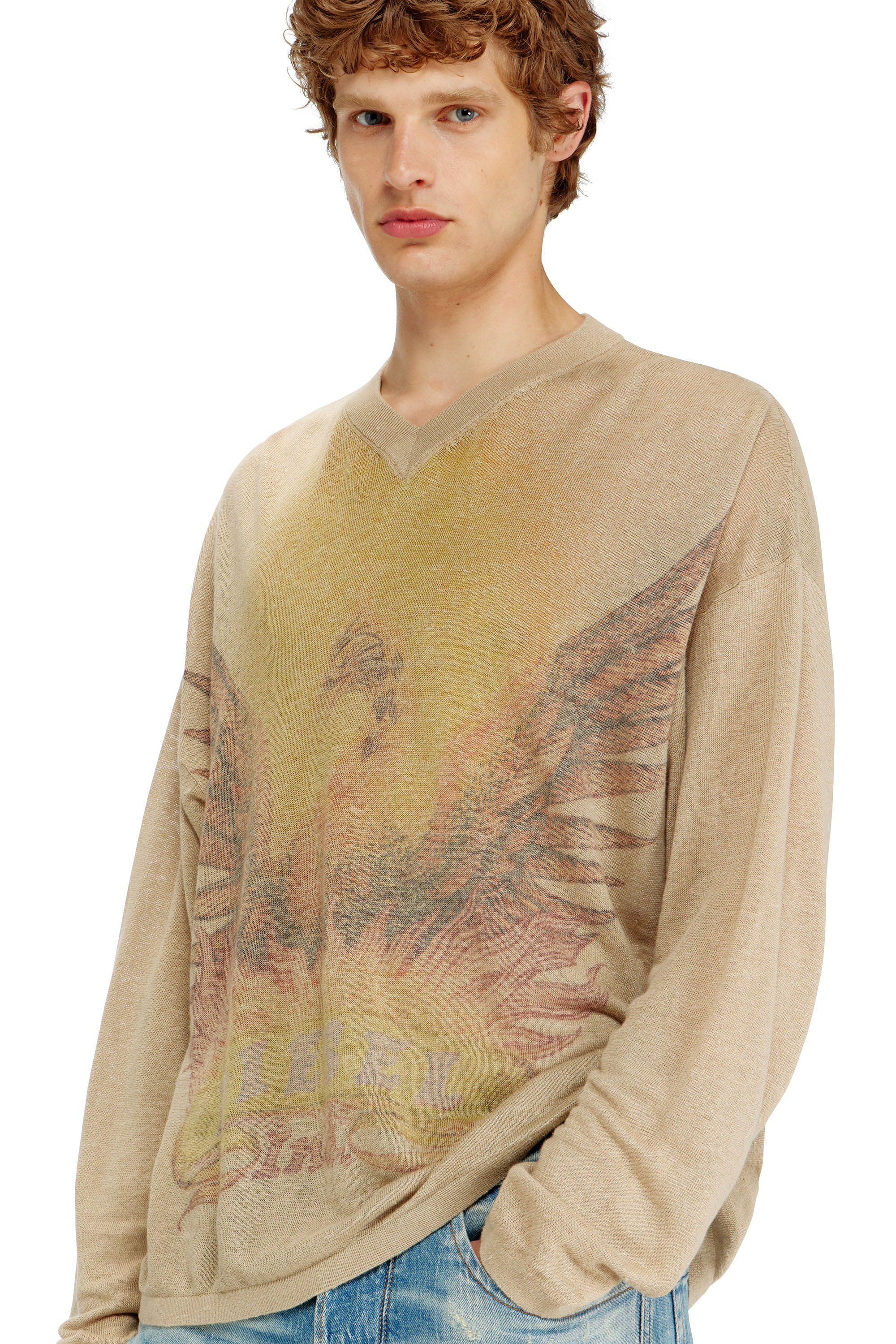 Diesel - K-ARMINS, Herren Leinenpullover mit verblasstem Phoenix-Print in Beige - 5
