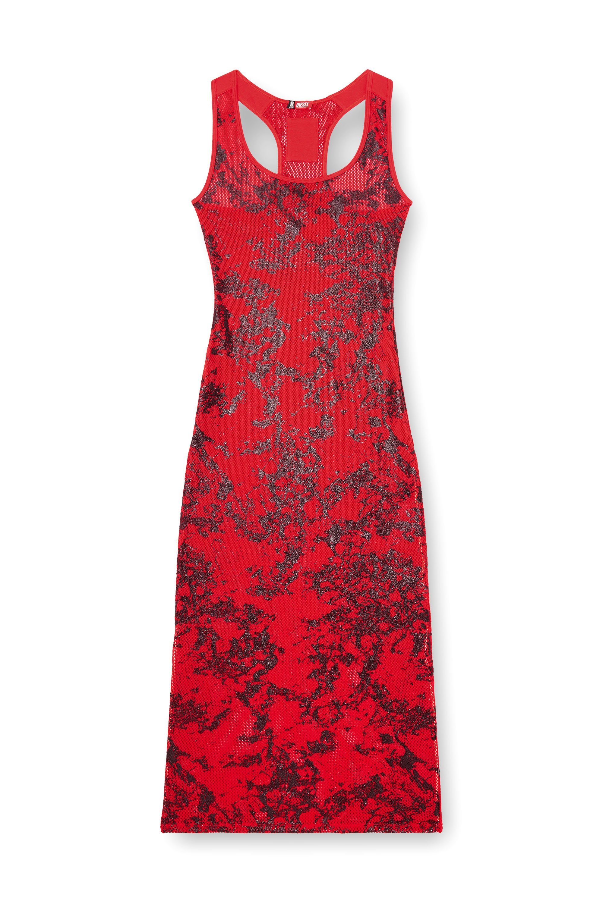 Diesel - FISHNET-SLEEP-SLIP, Damen Langes Slipdress aus folienbeschichtetem Netzstoff in Rot/Schwarz - 4