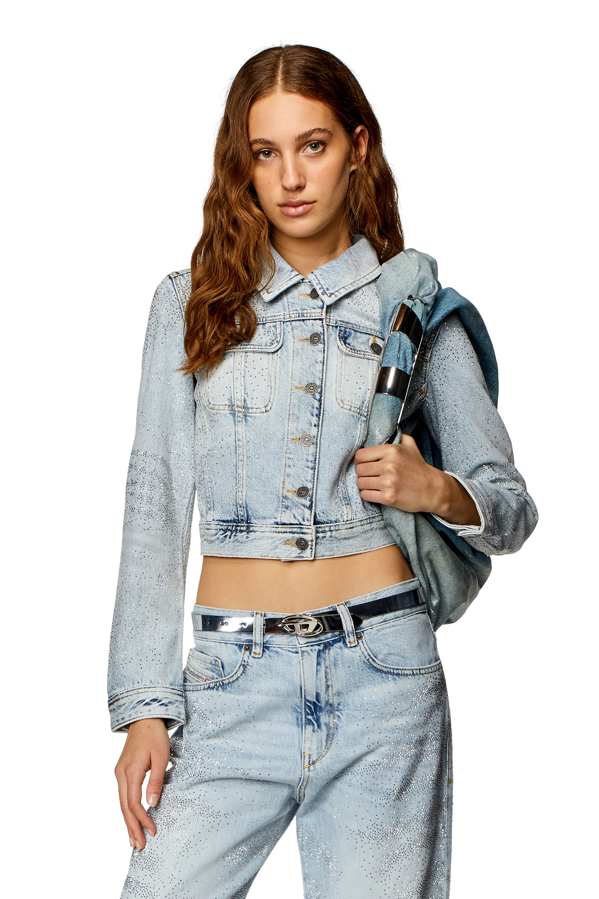 Diesel - DE-SLIMMY-S, Damen Truckerjacke aus Mikro-Denim aus Strass in Hellblau - 3