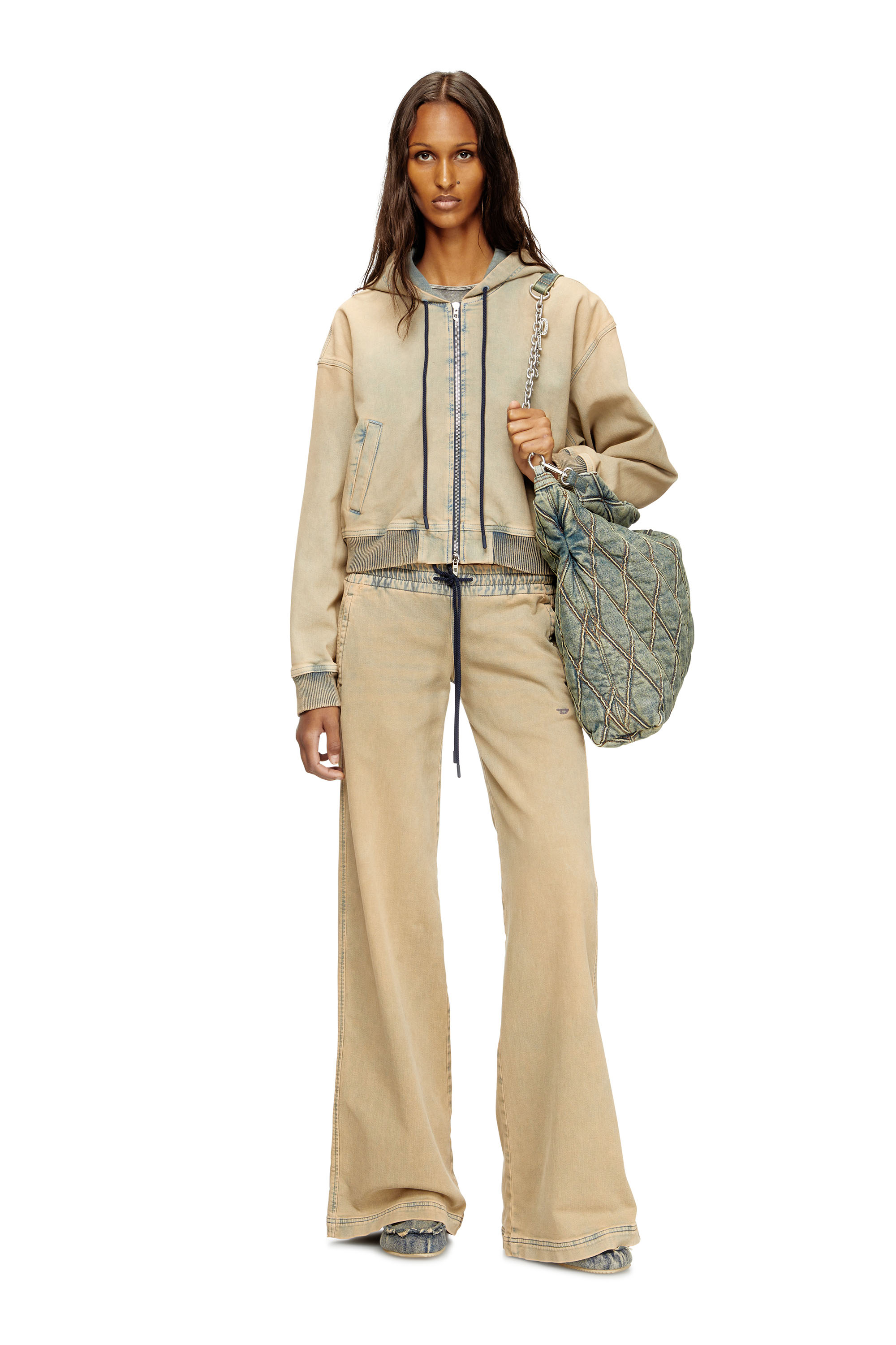 Diesel - DE-GIRI-CROP JOGG, Damen Reißverschluss-Kapuzenpullover aus farbigen JoggJeans in Beige/Blau - 2