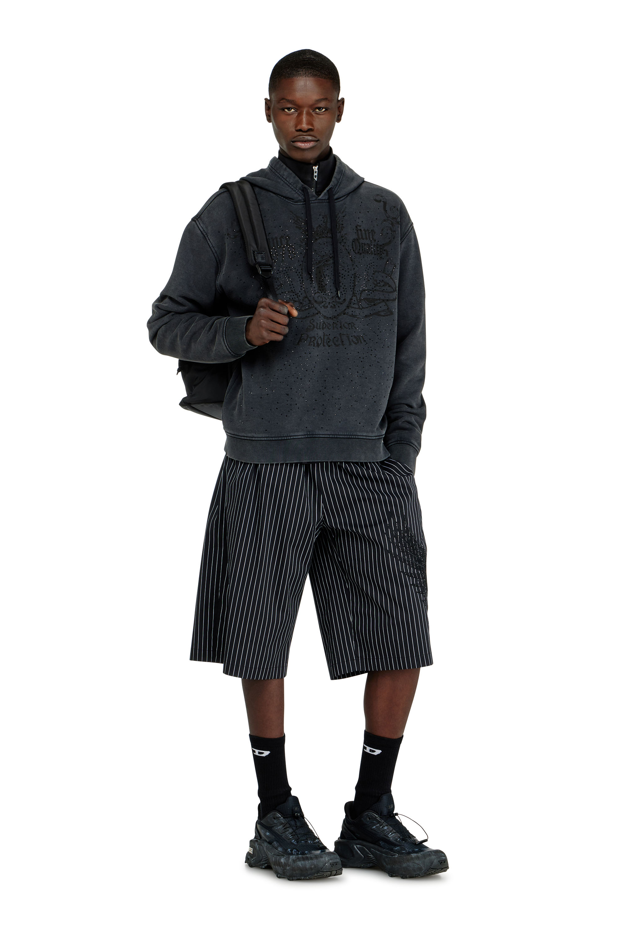 Diesel - S-NORM-HOOD-AA3, Sweat &agrave; capuche imprim&eacute; avec clous strass Homme in Gris - 1