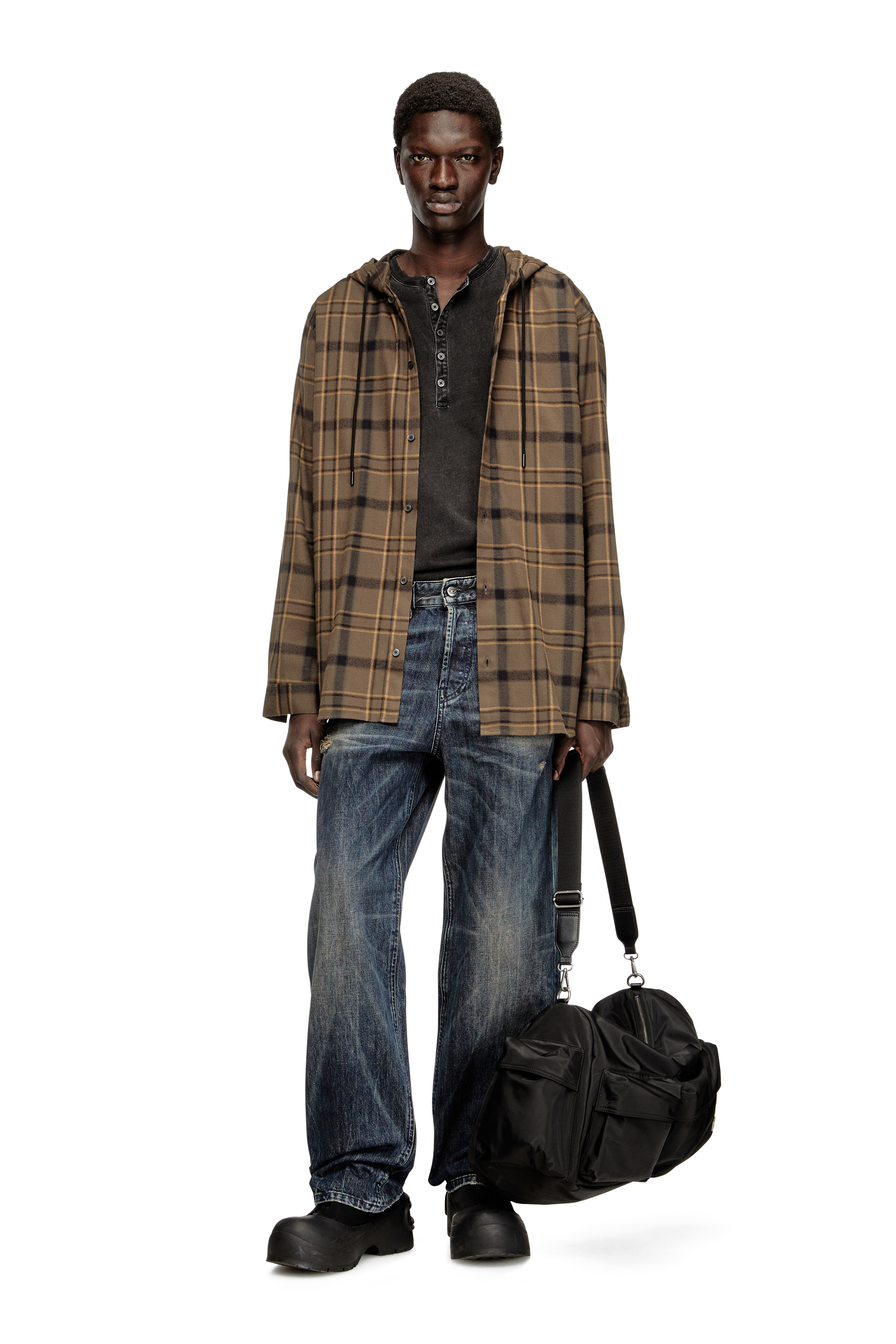 Diesel - S-IX, Chemise à capuche en flanelle à carreaux avec logo Homme in Marron - 2