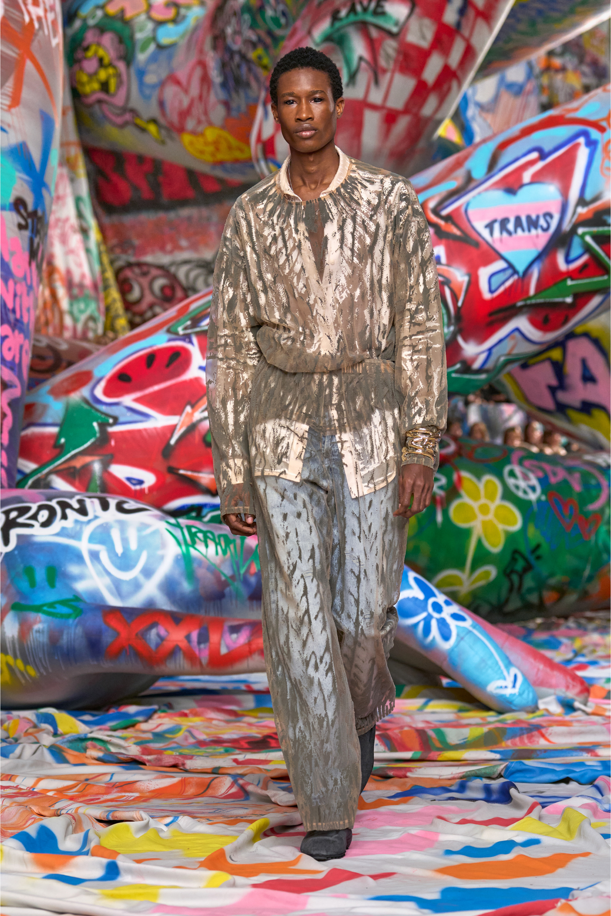 Diesel - T-TARAS, Herren Langarm-Oberteil aus beflocktem Tüll in Hellgrau - 3