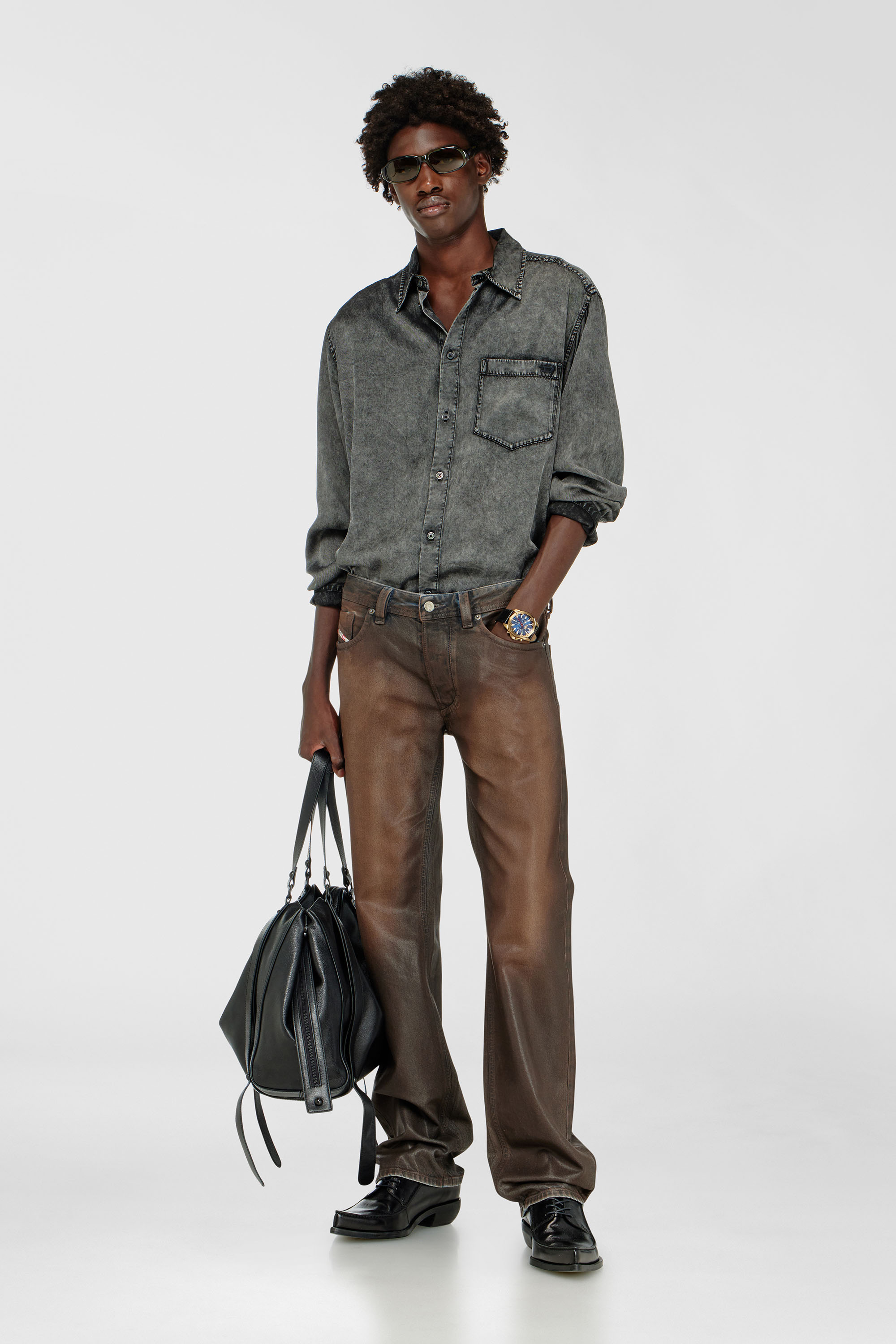 Diesel - S-SIMPLY-NIBC, Camicia fluida in viscosa effetto denim Uomo in Nero - 1