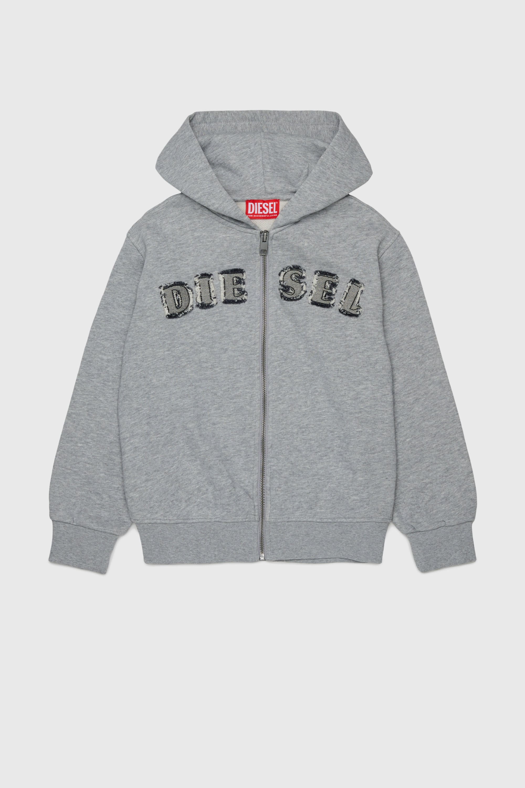 Diesel - SJEANSHOOD OVER, Sweat &agrave; capuche zipp&eacute; avec logo effiloch&eacute; Homme in Gris - 1