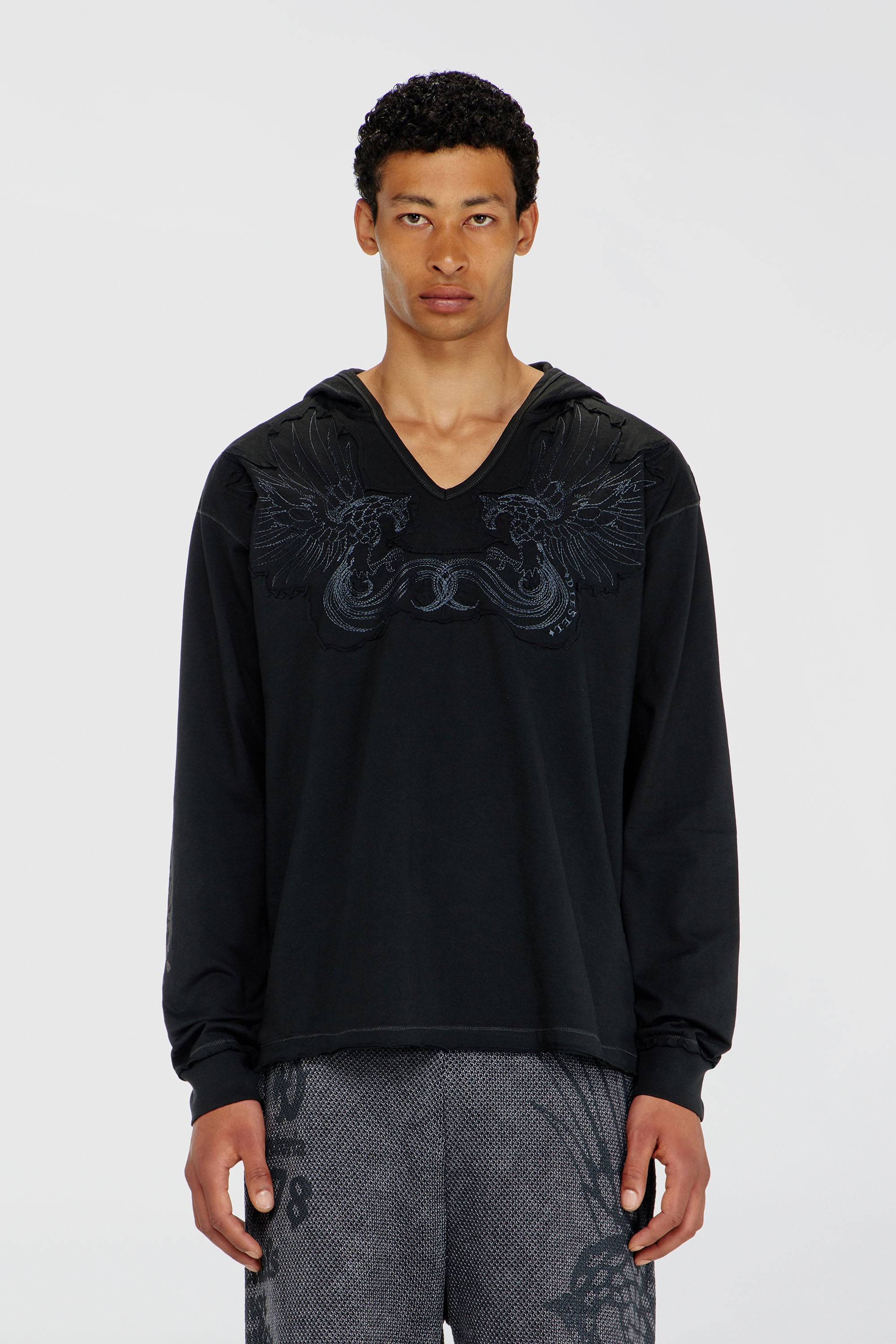 Diesel - T-PHEN-LS-HOOD-RIB, Herren Kapuzenpullover mit V-Ausschnitt und Stickerei vorn in Schwarz - 1